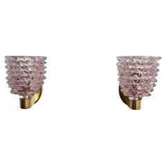Italian Art Deco Style Brass and Pink Rostrato Murano Glass Wall Sconces, 1990s Italian Art Deco Style Brass and Pink Rostrato Murano Glass Wall Sconces, 1990s