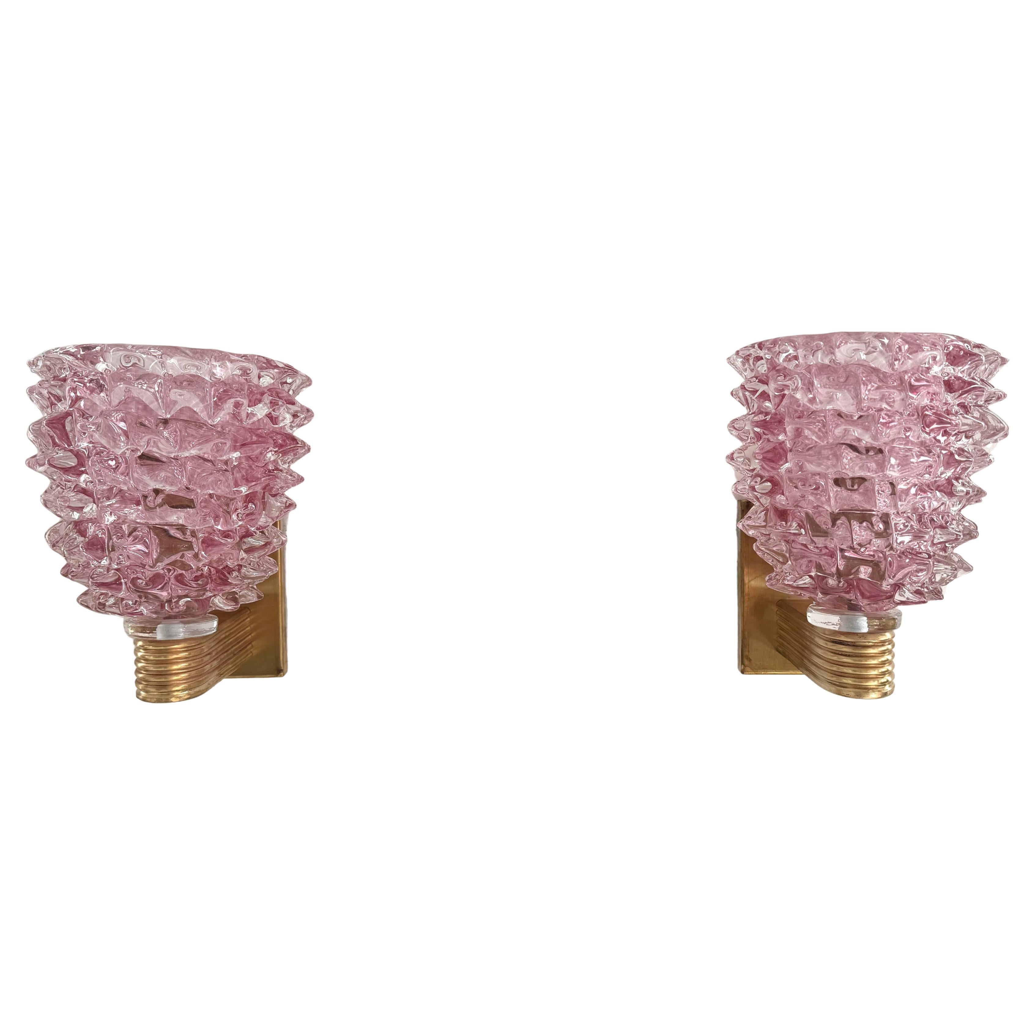 Applique da parete in ottone e vetro rosa di Murano in stile Art Déco italiano, anni '90 in vendita