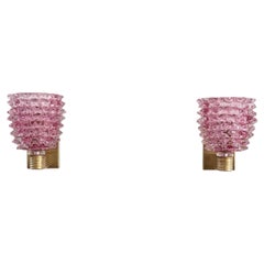 Italian Art Deco Style Brass and Pink Rostrato Murano Glass Wall Sconces, 1990s