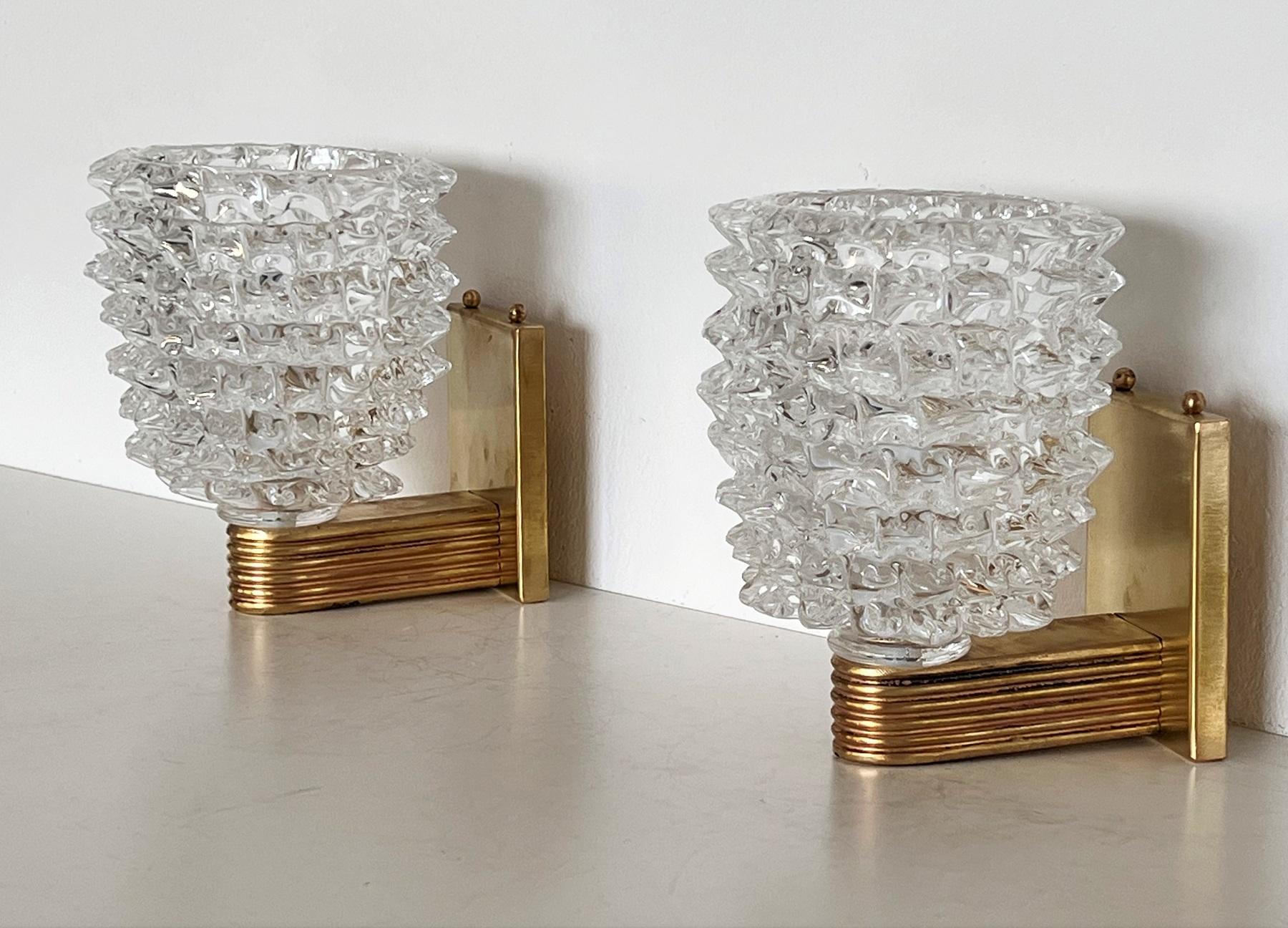 Hand-Crafted Italian Art Deco Style Brass and Rostrato Murano Glass Wall Sconces, 1990s