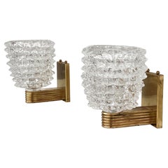 Italian Art Deco Style Brass and Rostrato Murano Glass Wall Sconces, 1990s