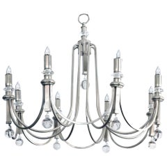 Italian Art Deco Style Brushed Steel and Crystal 8-Light Chandelier