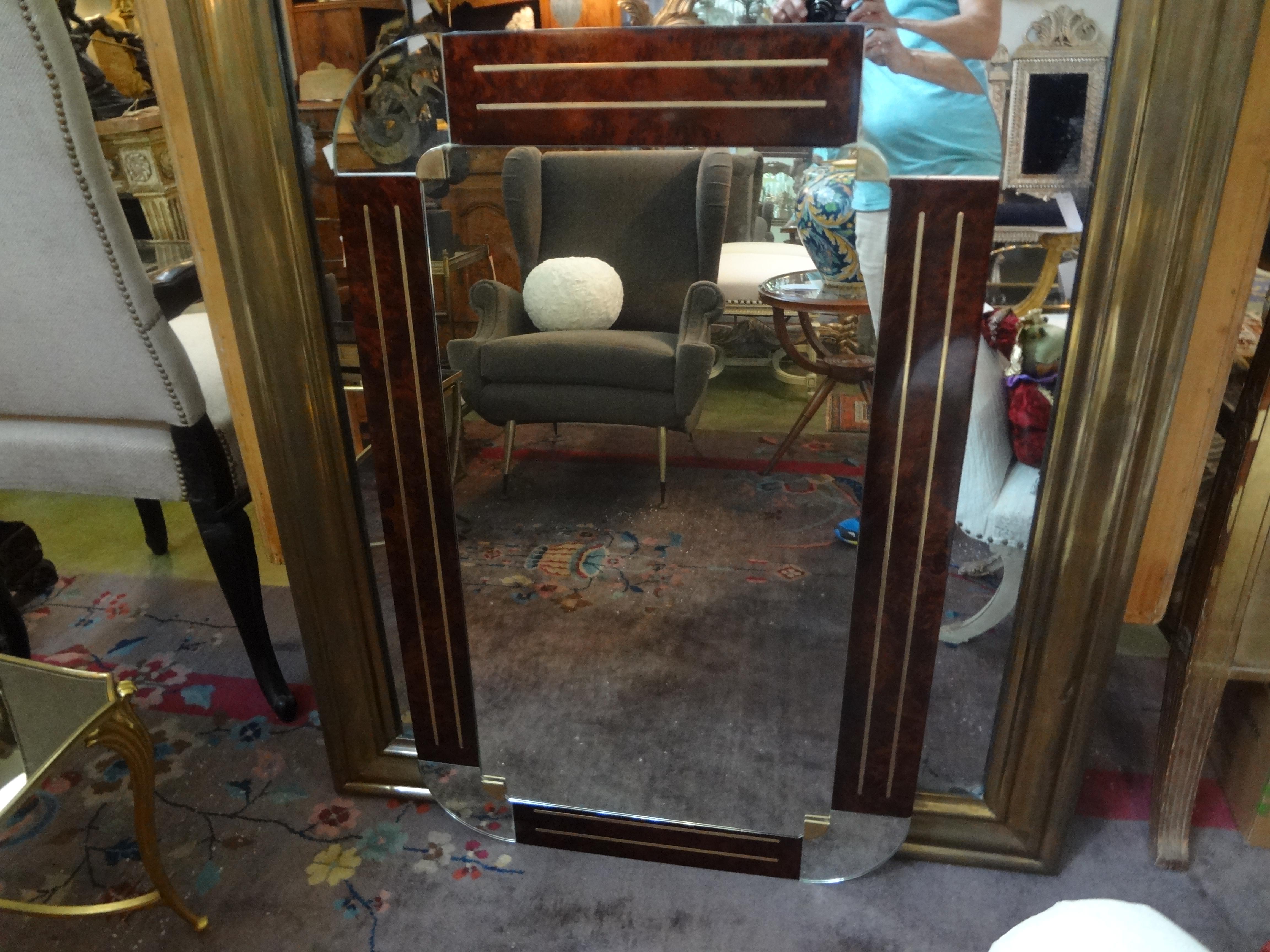 Italian Burled Wood and Bronze Mirror After Gio Ponti For Sale 6