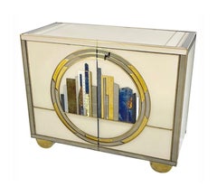 Italian Art Deco Style Cabinet / Server with New York Skyline Glass Decoration