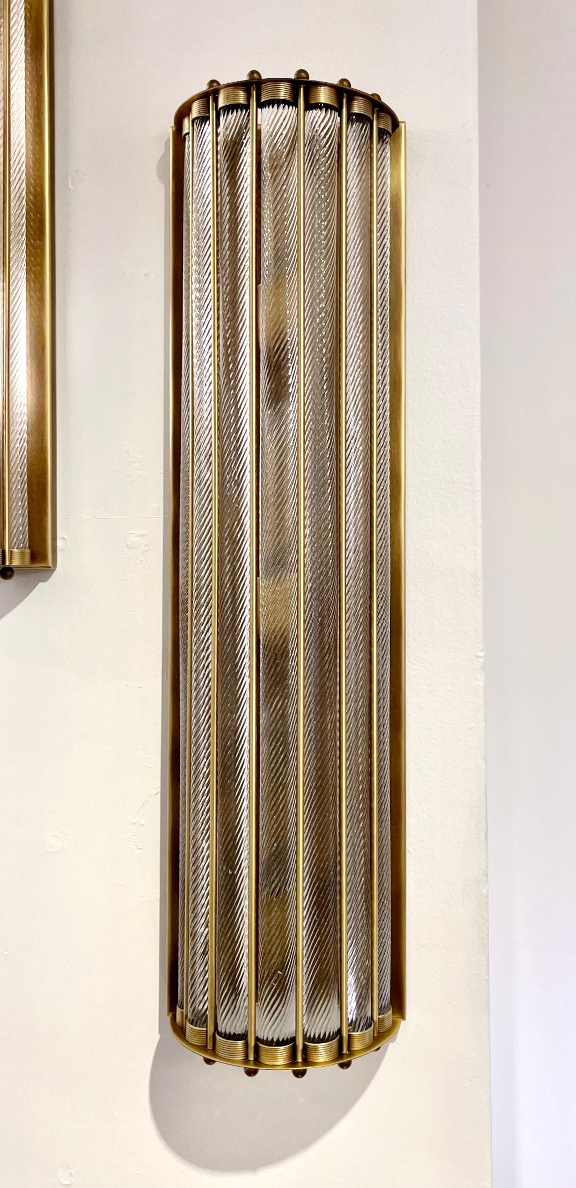 Brass Italian Art Deco Style Crystal Murano Glass Half Moon Tall Bronze Flush/Sconces For Sale