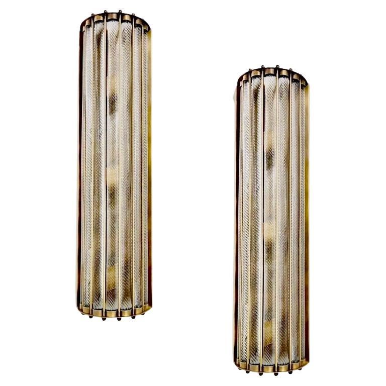 Italian Art Deco Style Crystal Murano Glass Half Moon Tall Bronze Flush/Sconces For Sale