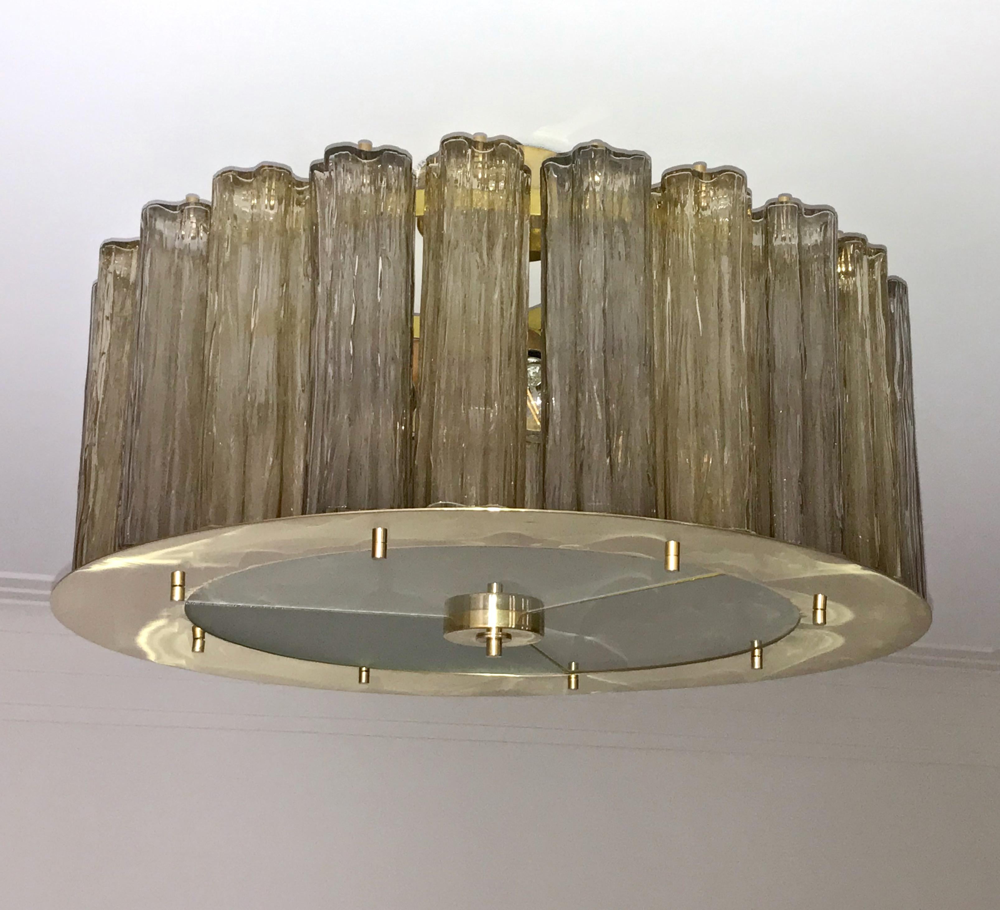 Italian Art Deco Style Crystal & Smoked Murano Glass Round Flush Mount on Brass For Sale 4