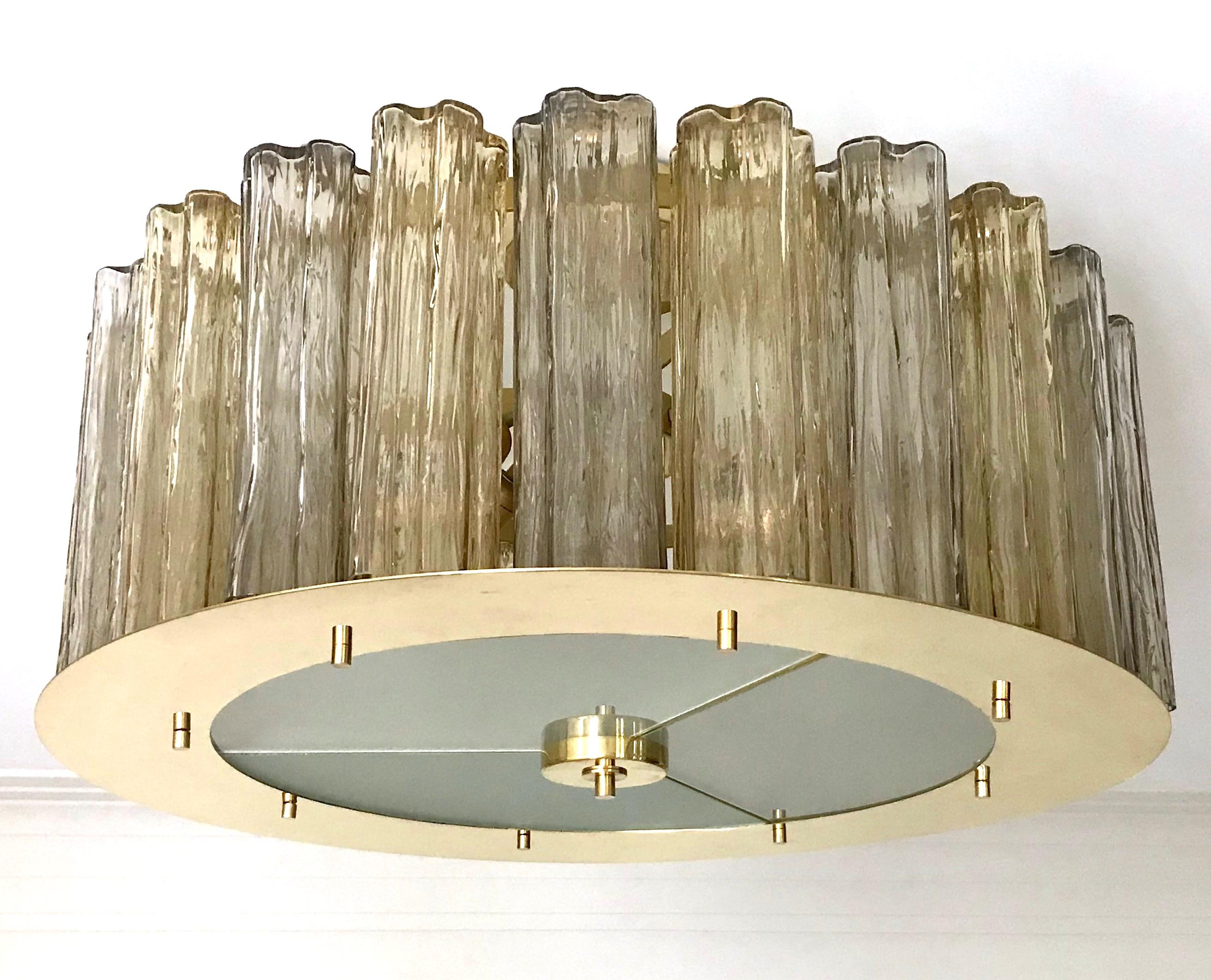 Italian Art Deco Style Crystal & Smoked Murano Glass Round Flush Mount on Brass For Sale 6