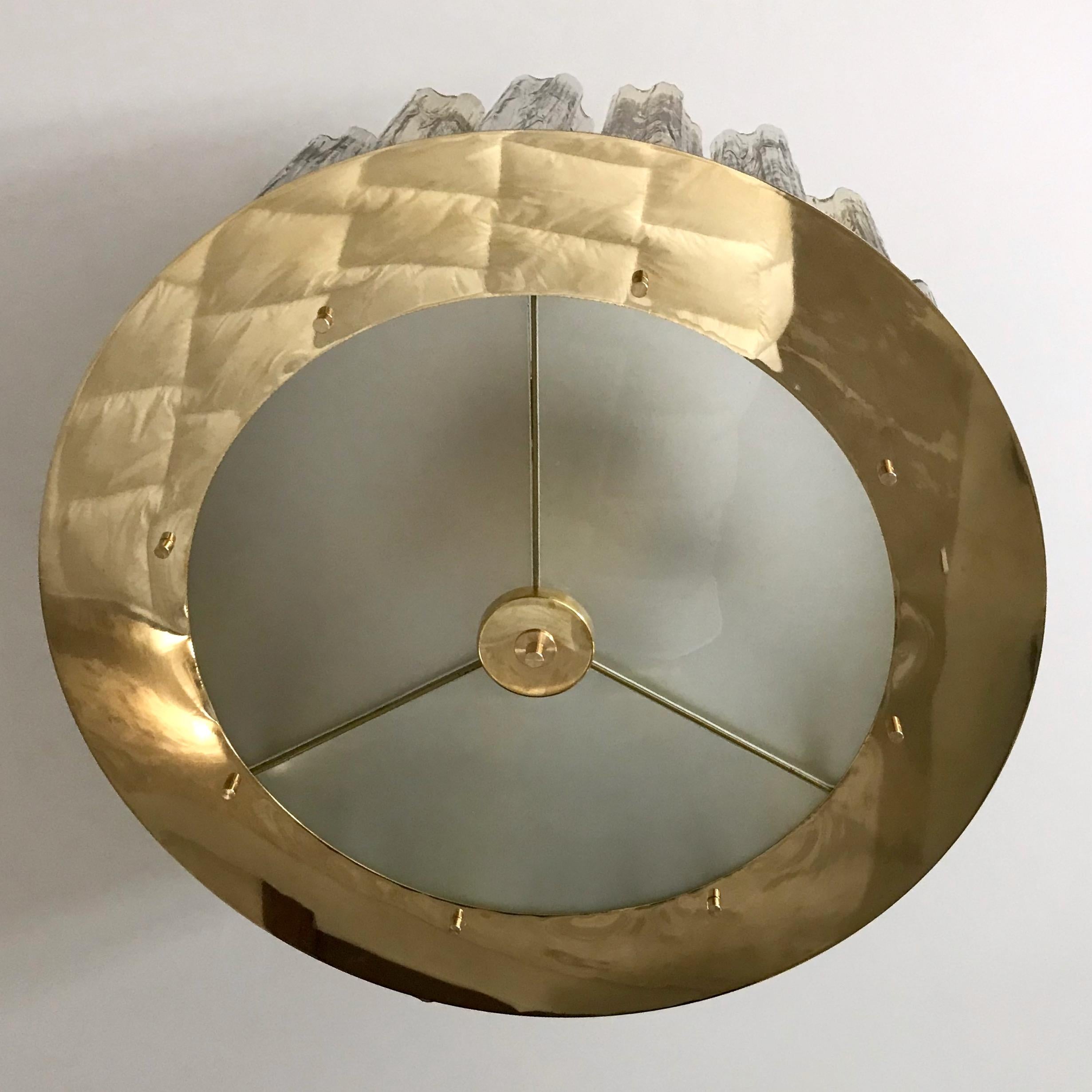 Italian Art Deco Style Crystal & Smoked Murano Glass Round Flush Mount on Brass For Sale 1