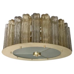 Italian Art Deco Style Crystal & Smoked Murano Glass Round Flush Mount on Brass