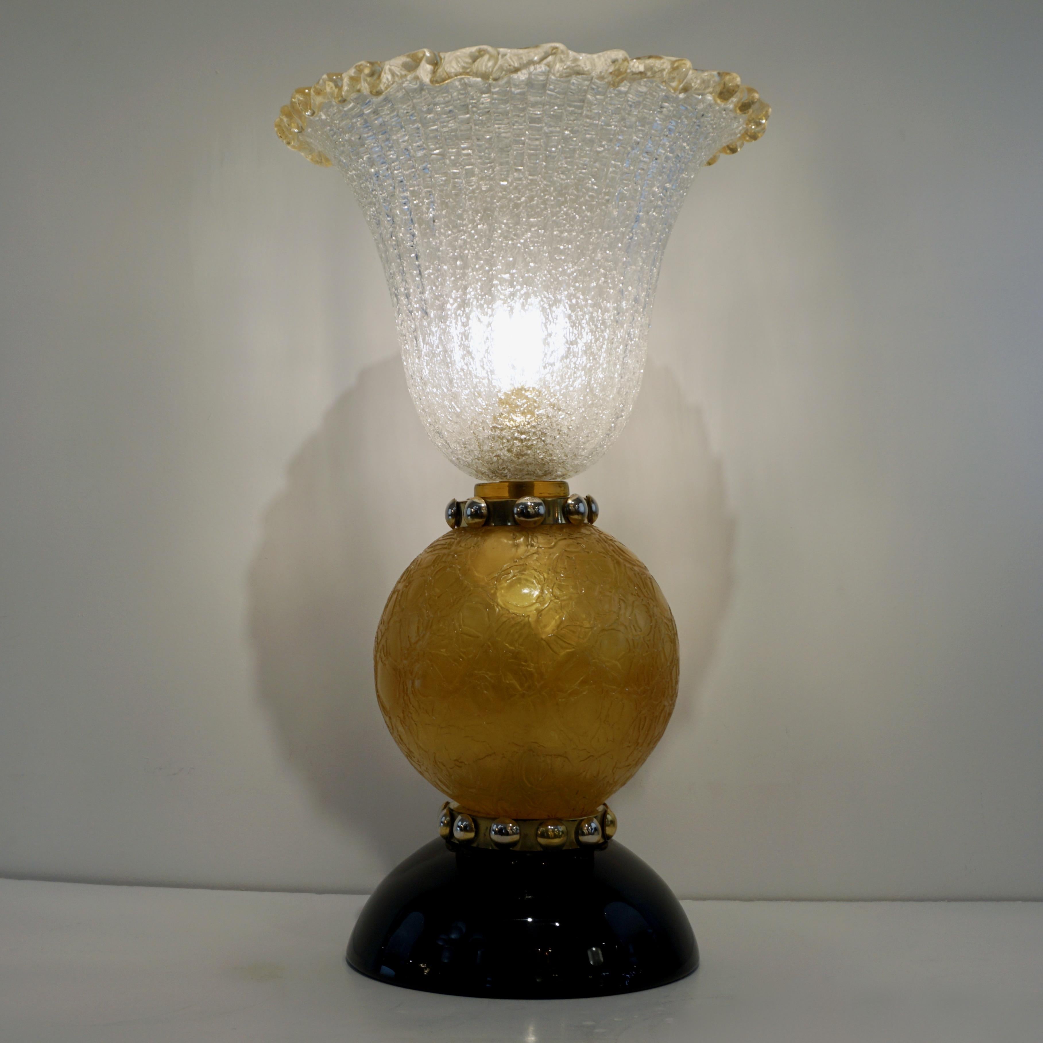 Italian Art Deco Style Gold Black Lamps with Barovier Crystal Murano Glass Shade 3