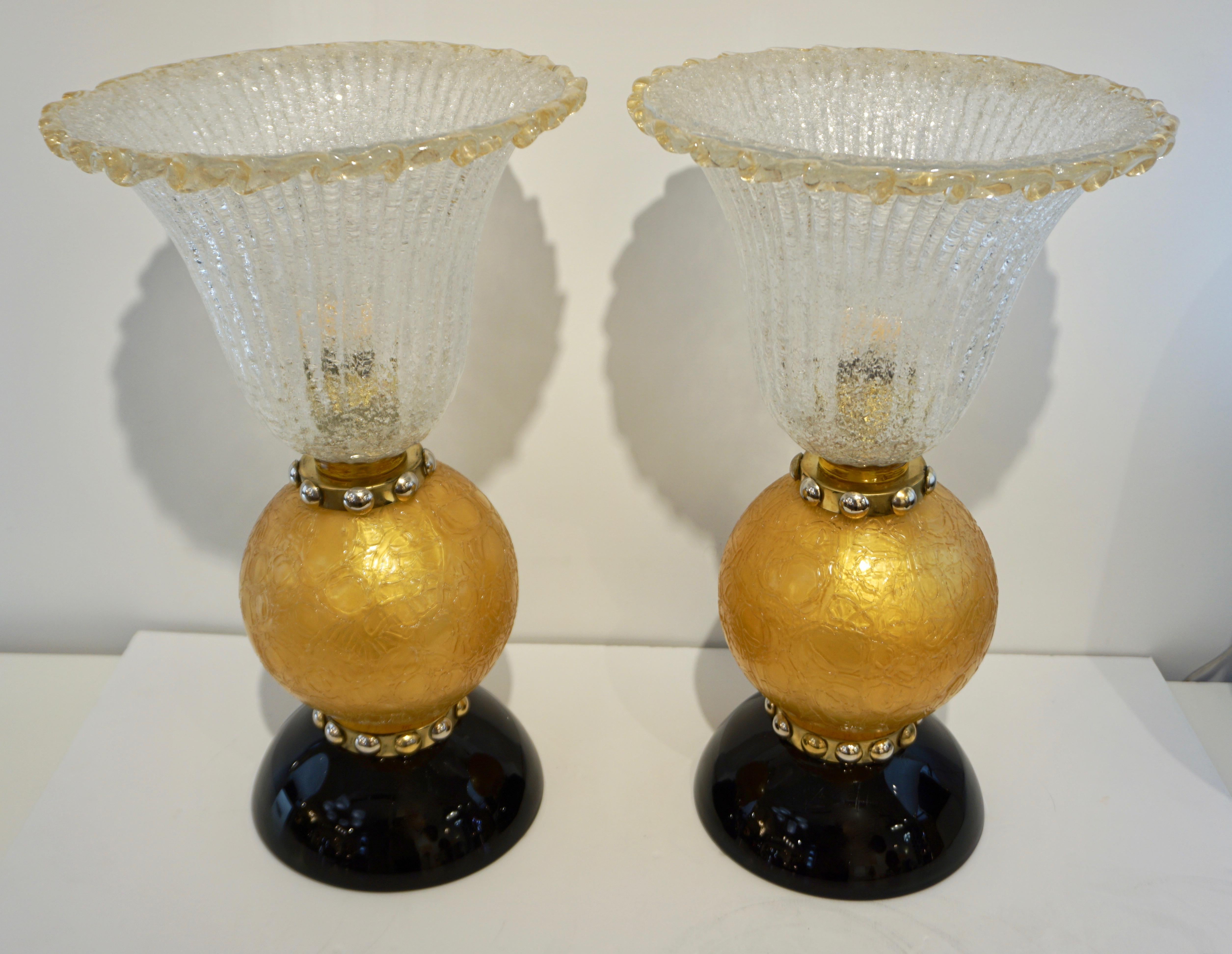 Italian Art Deco Style Gold Black Lamps with Barovier Crystal Murano Glass Shade 3