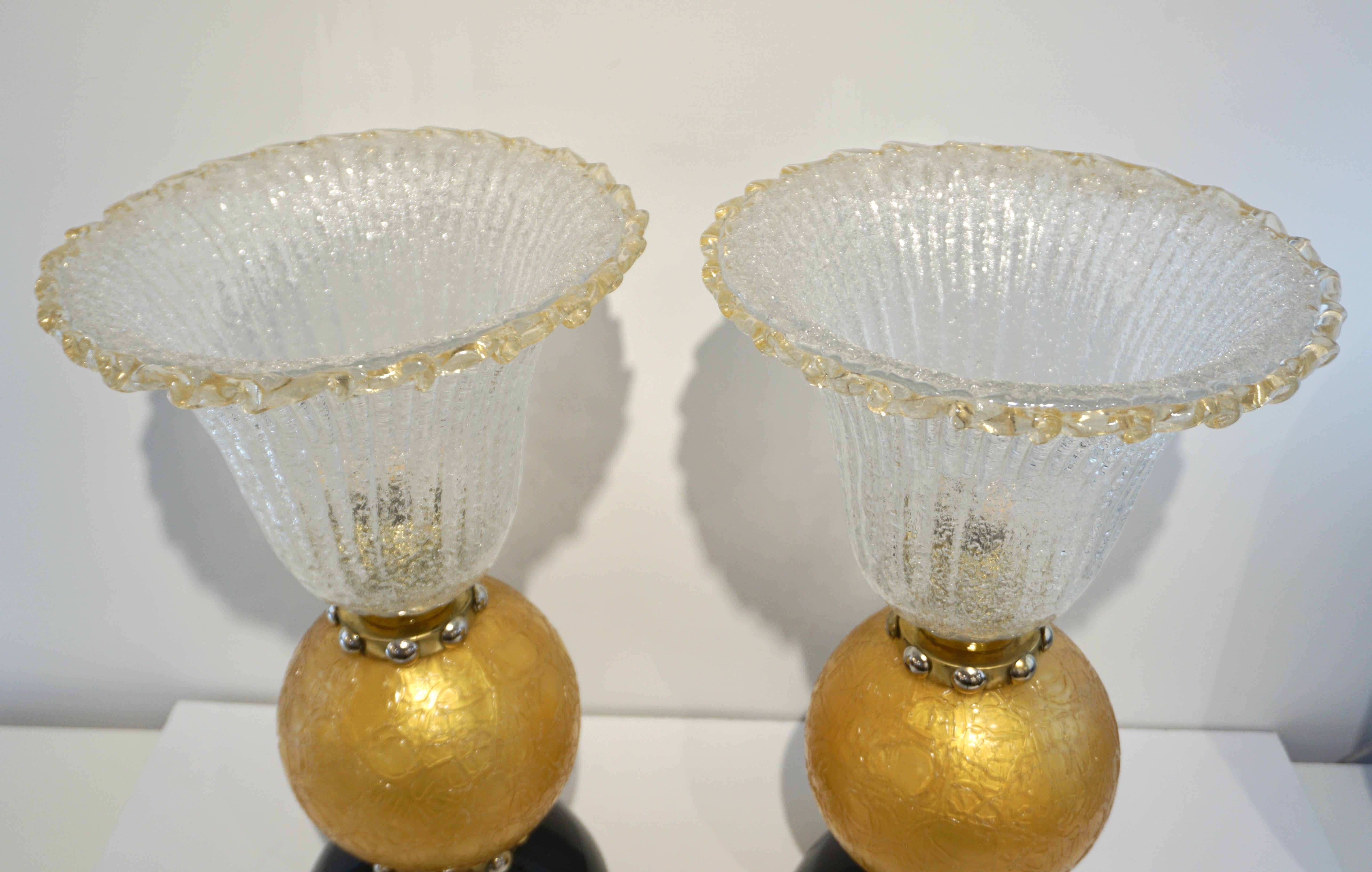 Italian Art Deco Style Gold Black Lamps with Barovier Crystal Murano Glass Shade 5