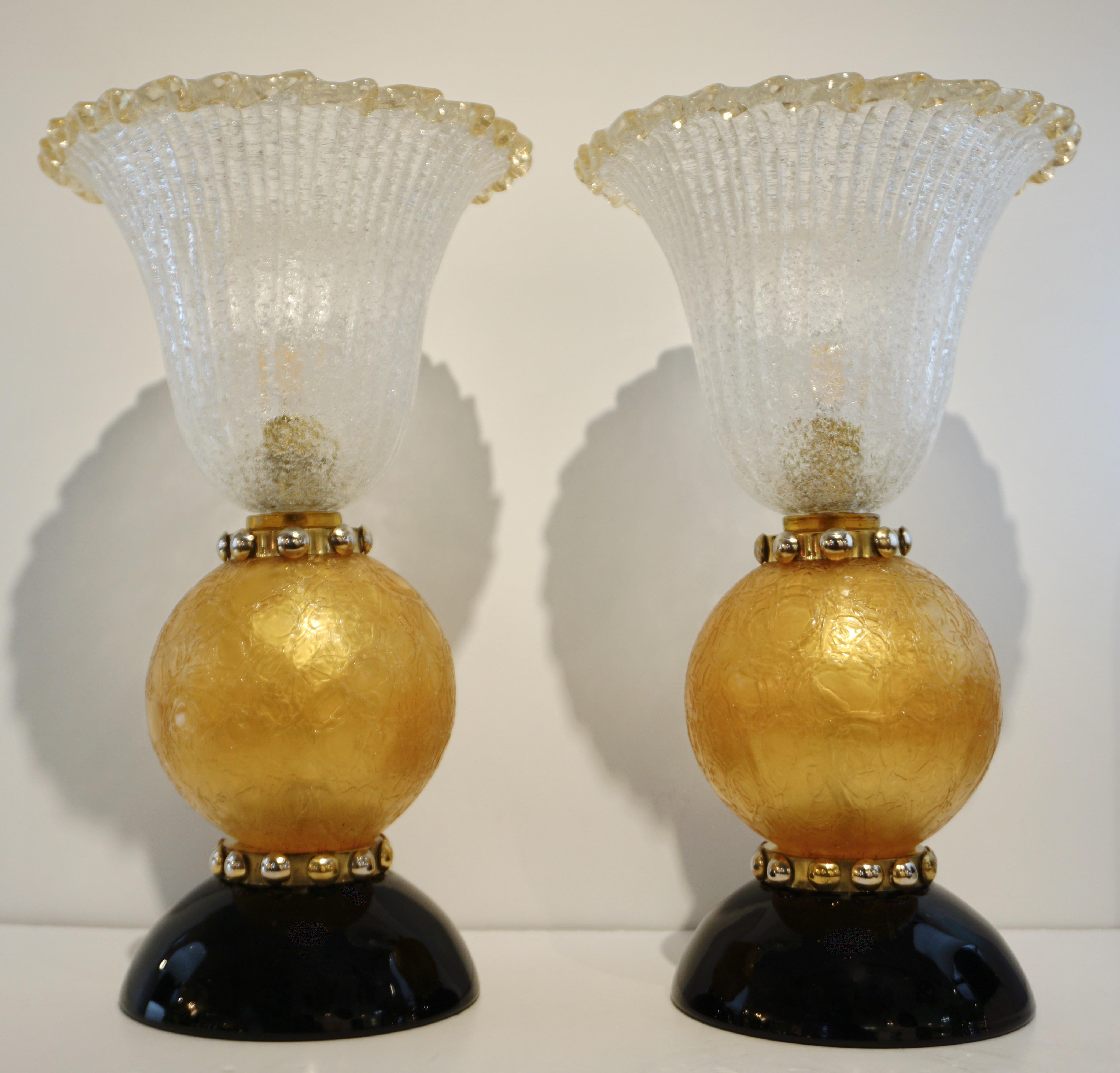 Italian Art Deco Style Gold Black Lamps with Barovier Crystal Murano Glass Shade 5
