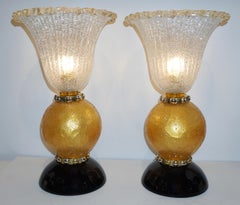 Italian Art Deco Style Gold Black Lamps with Barovier Crystal Murano Glass Shade