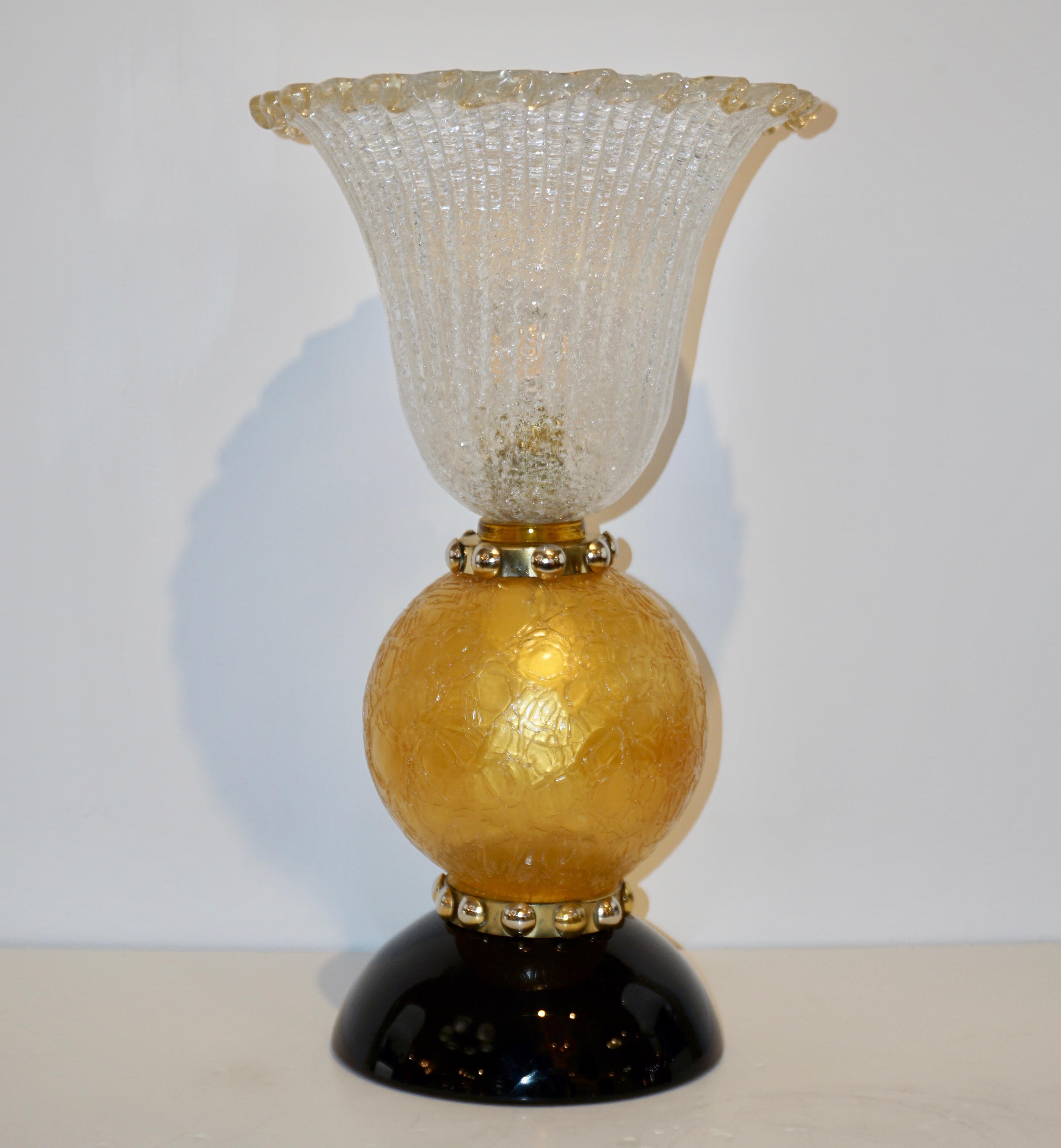 Italian Art Deco Style Gold Black Lamps with Barovier Crystal Murano Glass Shade (Geblasenes Glas)