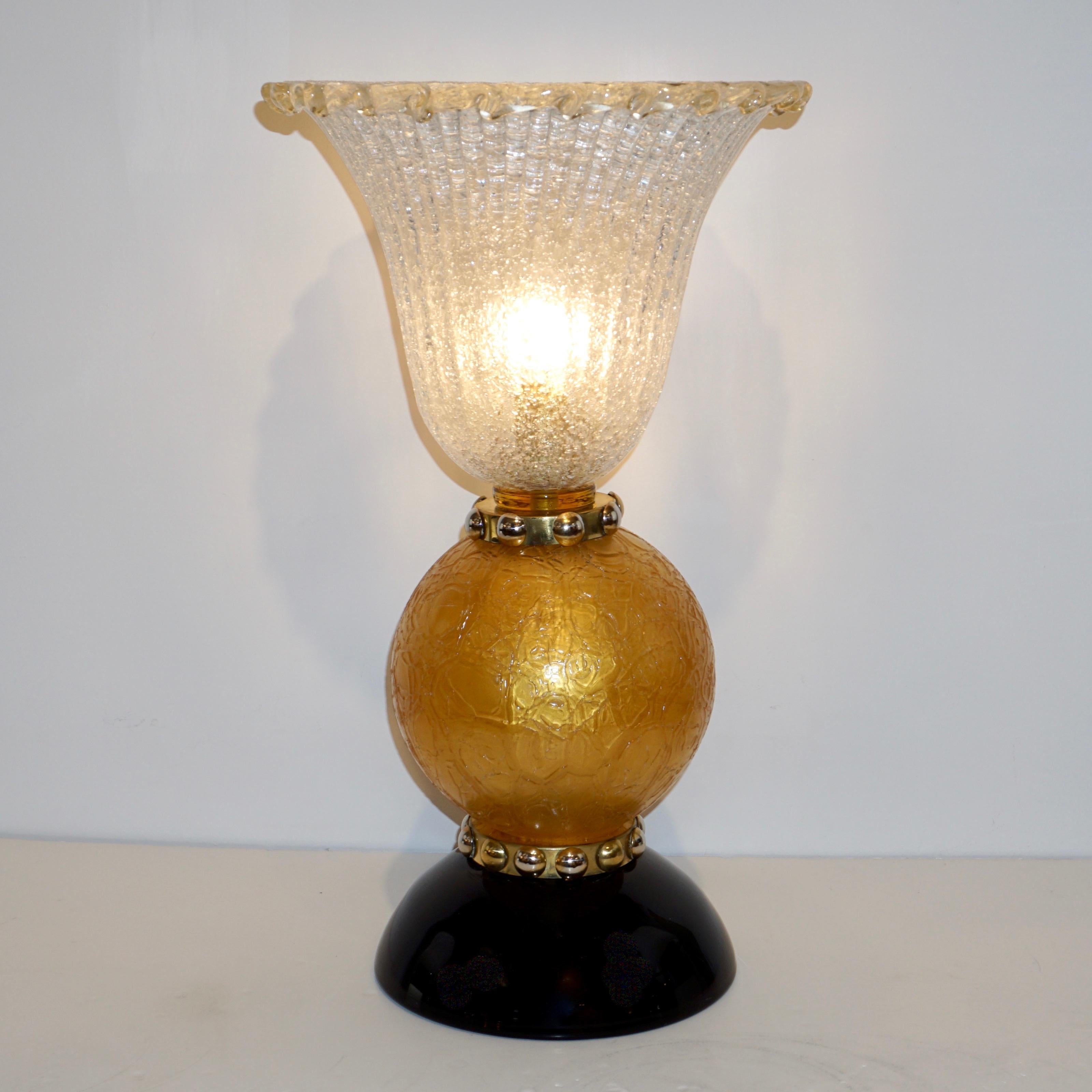 Italian Art Deco Style Gold Black Lamps with Barovier Crystal Murano Glass Shade 1