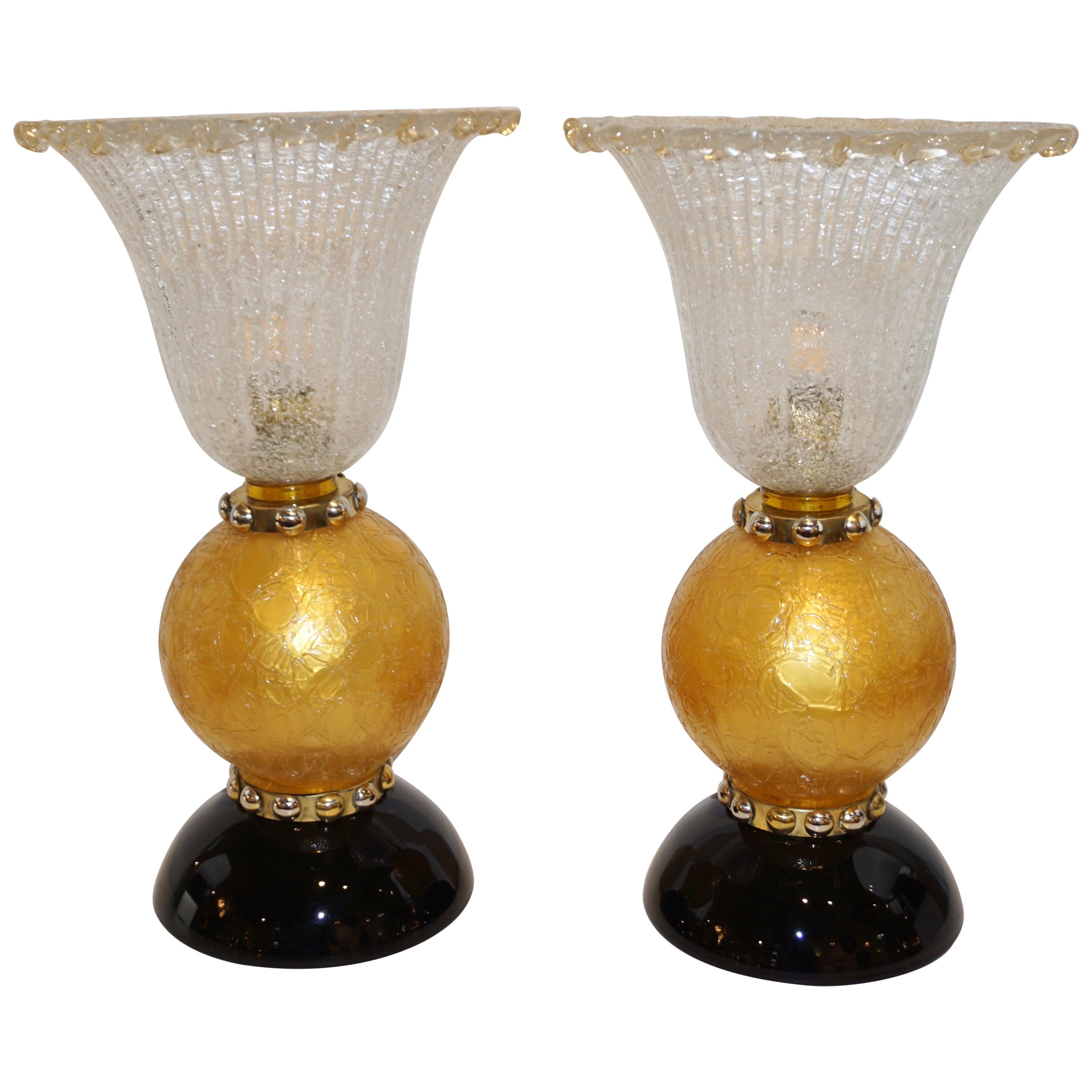 Italian Art Deco Style Gold Black Lamps with Barovier Crystal Murano Glass Shade