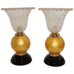 Italian Art Deco Style Gold Black Lamps with Barovier Crystal Murano Glass Shade