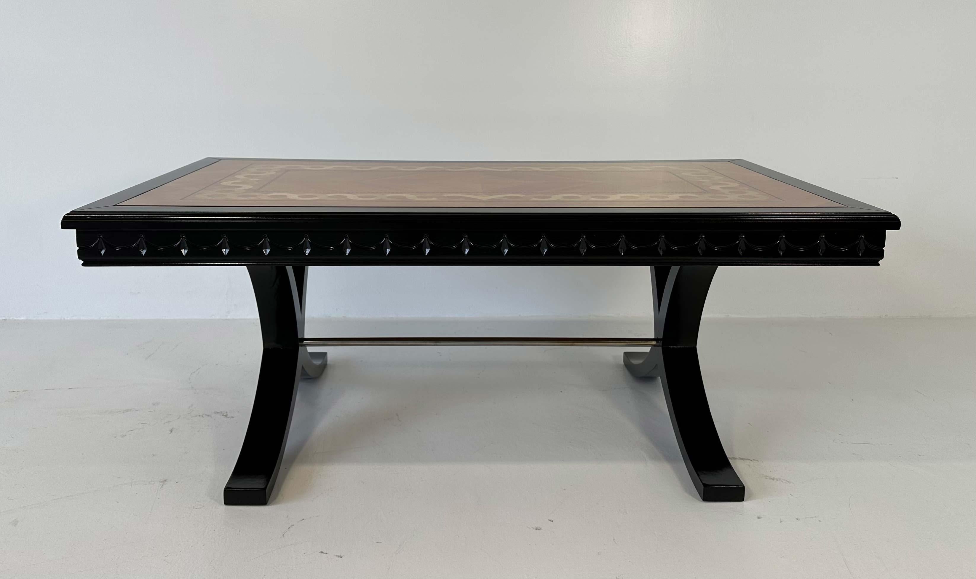Metal Italian Art Deco Style Maple and Ash Wood Inlaid Coffee Table, 1980s For Sale