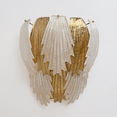Italian Art Deco-Style Murano Glass and Brass Leaf Wall Sconces, Pair
