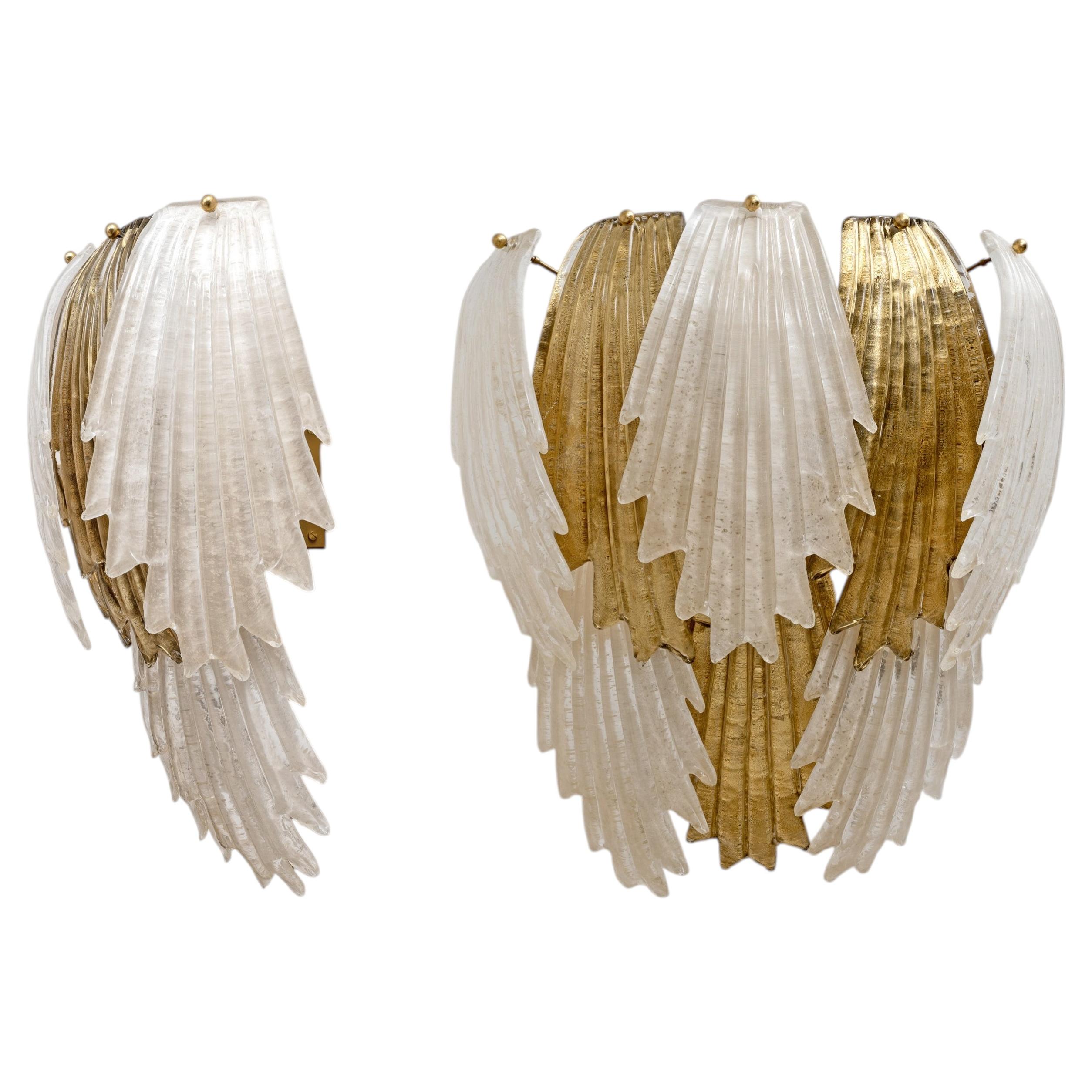 Italian Art Deco-Style Murano Glass and Brass Leaf Wall Sconces, Pair For Sale