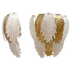 Italian Art Deco-Style Murano Glass and Brass Leaf Wall Sconces, Pair