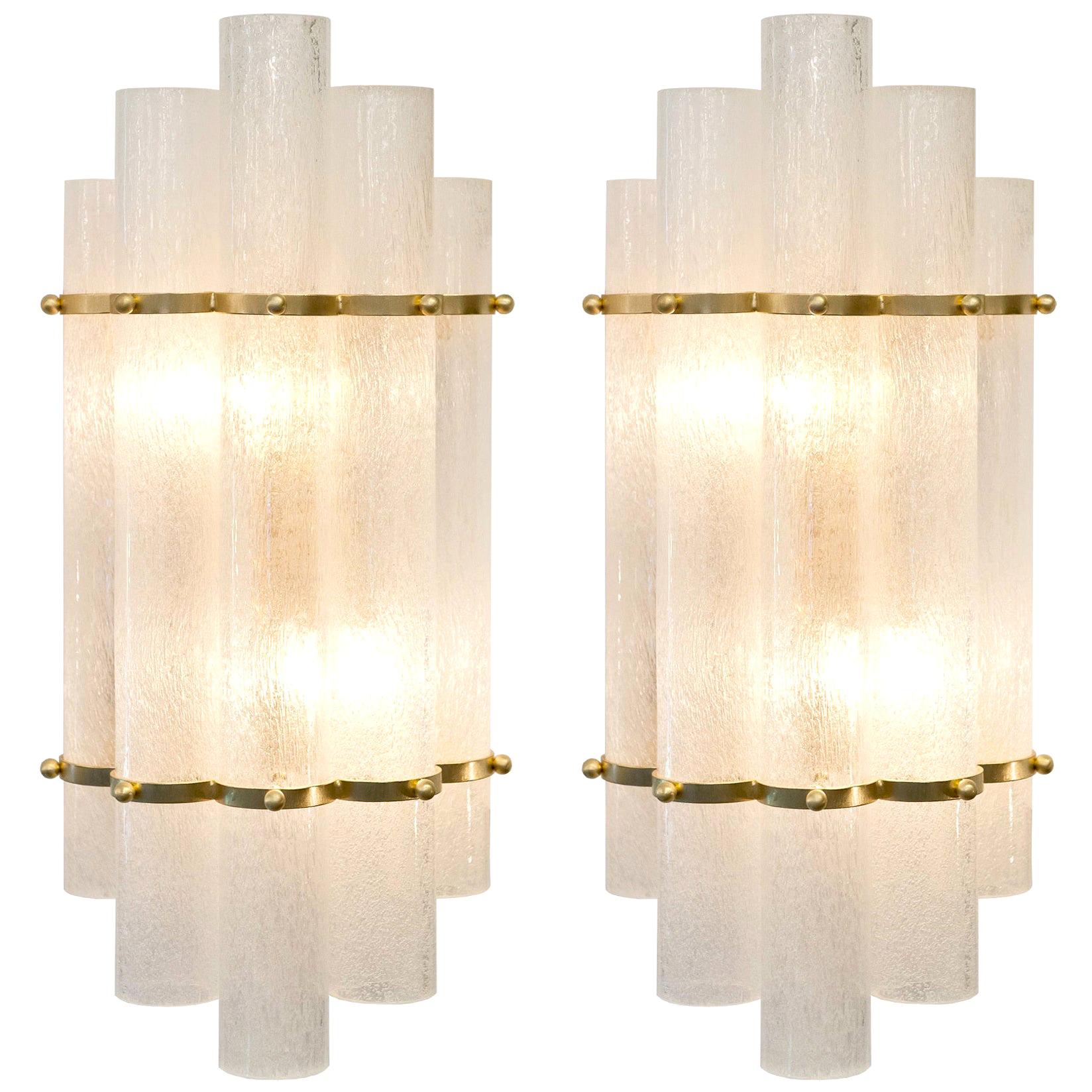 Italian Art Deco Style Pair of Murano Glass and Brass Sconces For Sale