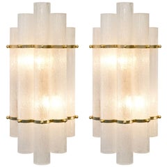 Italian Art Deco Style Pair of Murano Glass and Brass Sconces