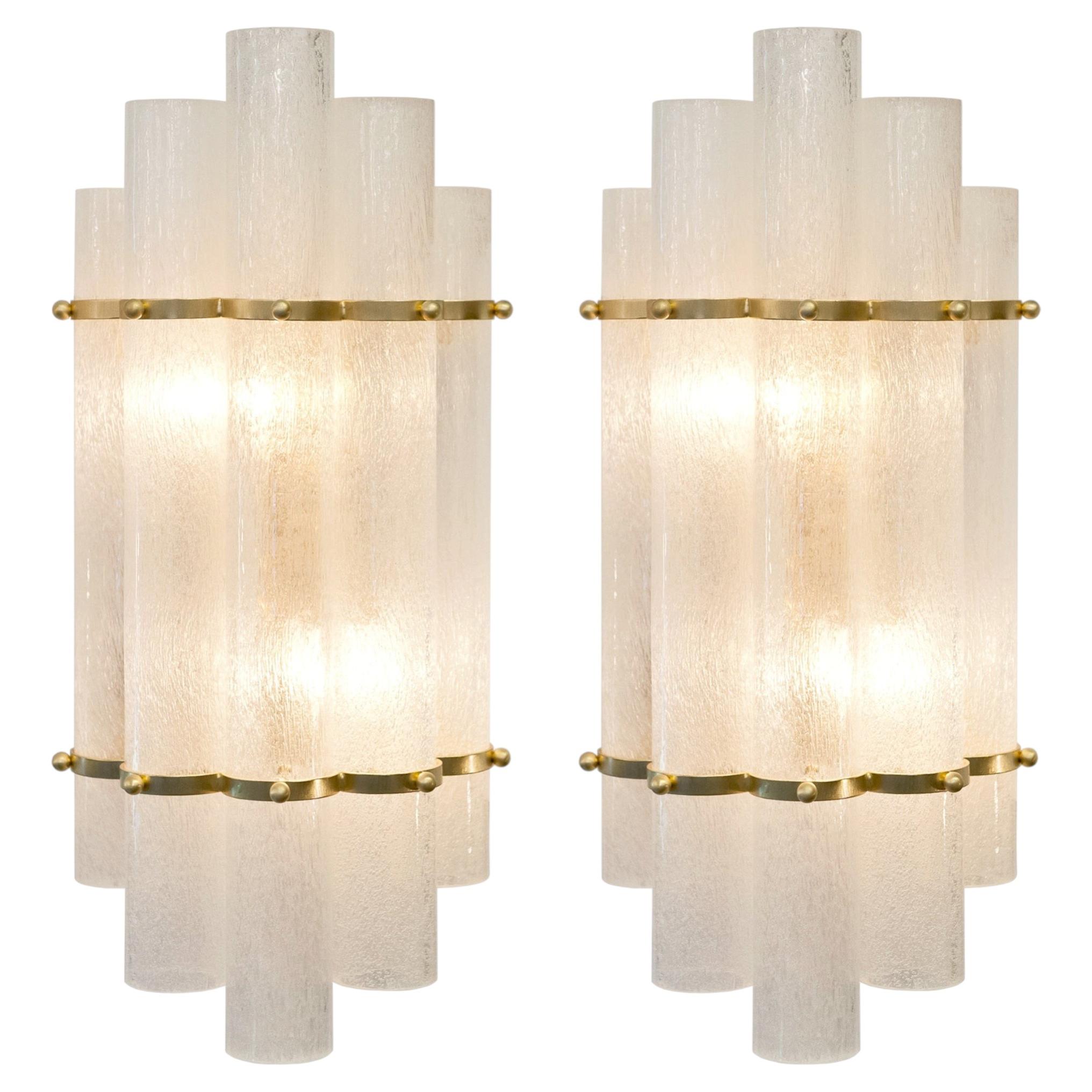 Italian Art Deco Style Pair of Murano Glass and Brass Sconces