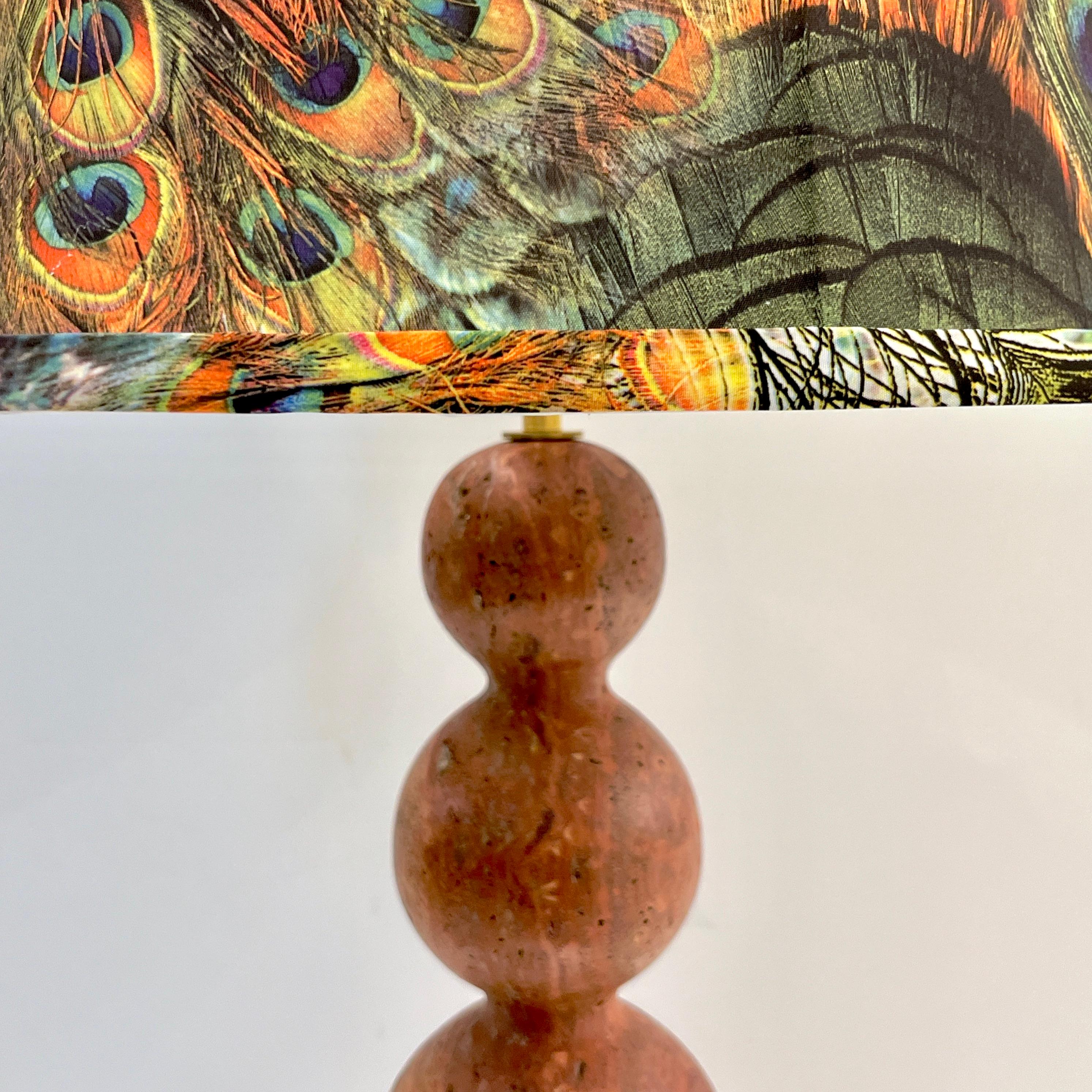 Italian Art Deco Style Pair of Red Travertine Sphere Table Lamps Peacock Shades For Sale 3