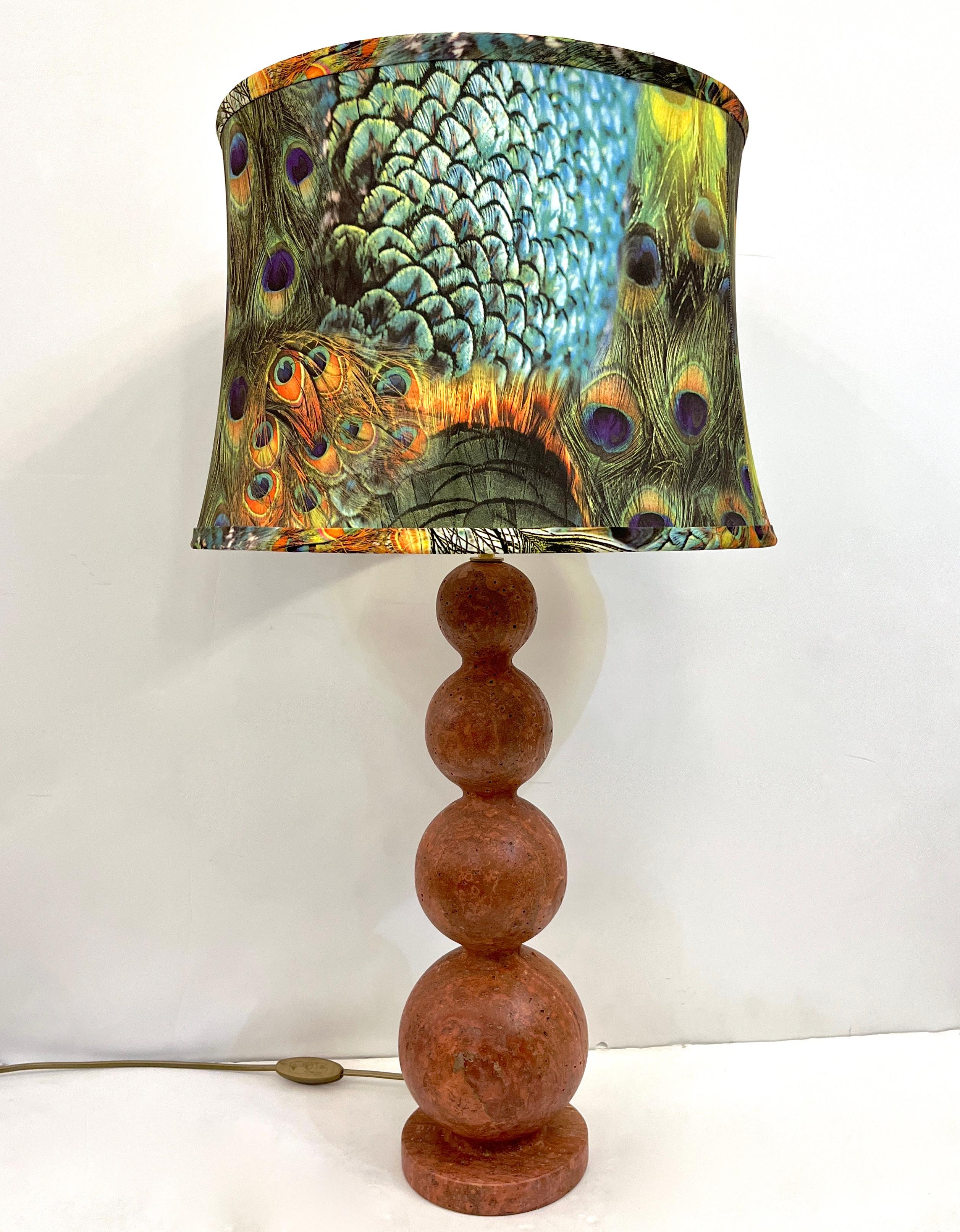 Italian Art Deco Style Pair of Red Travertine Sphere Table Lamps Peacock Shades For Sale 5
