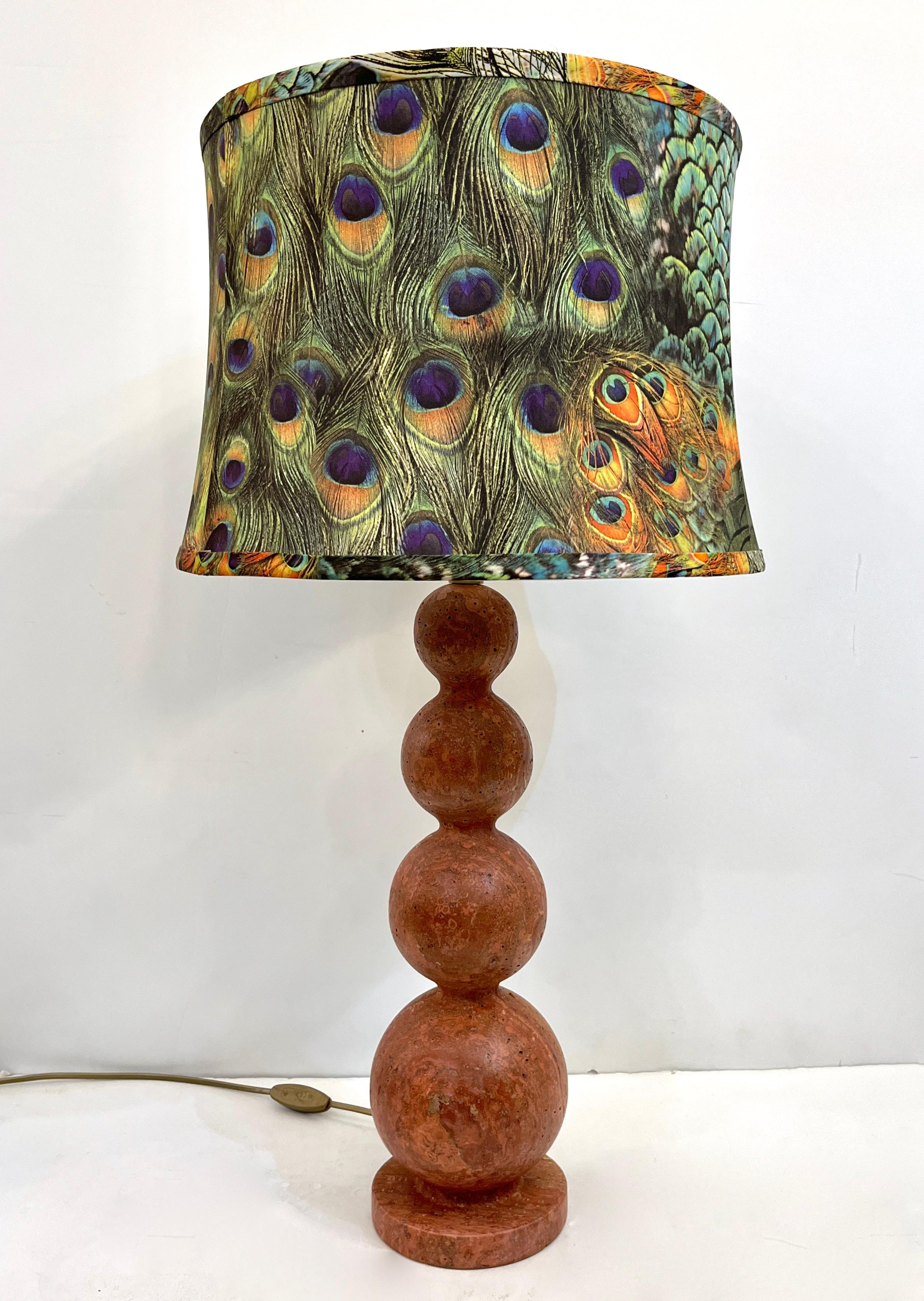 Italian Art Deco Style Pair of Red Travertine Sphere Table Lamps Peacock Shades For Sale 6