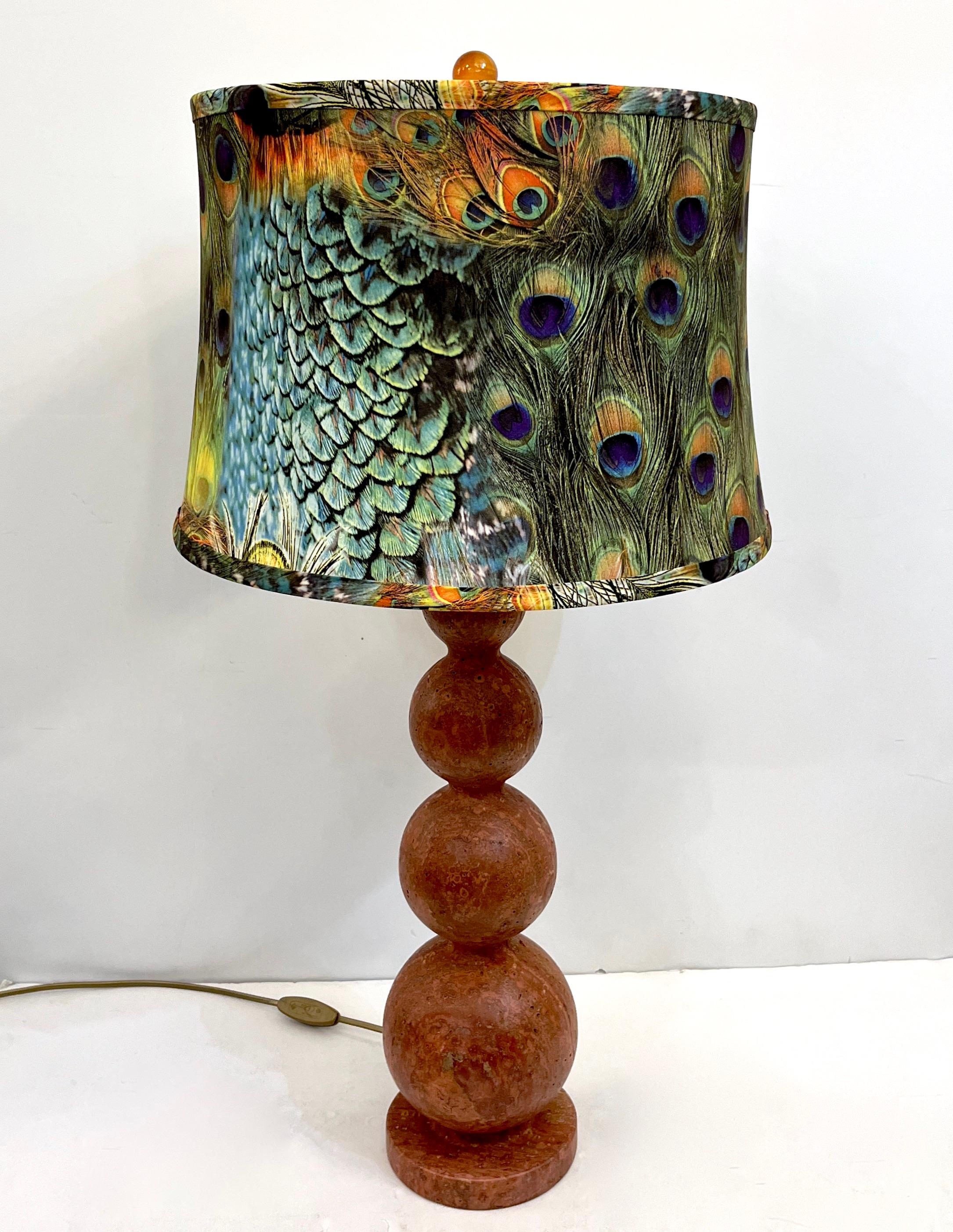 Italian Art Deco Style Pair of Red Travertine Sphere Table Lamps Peacock Shades For Sale 9