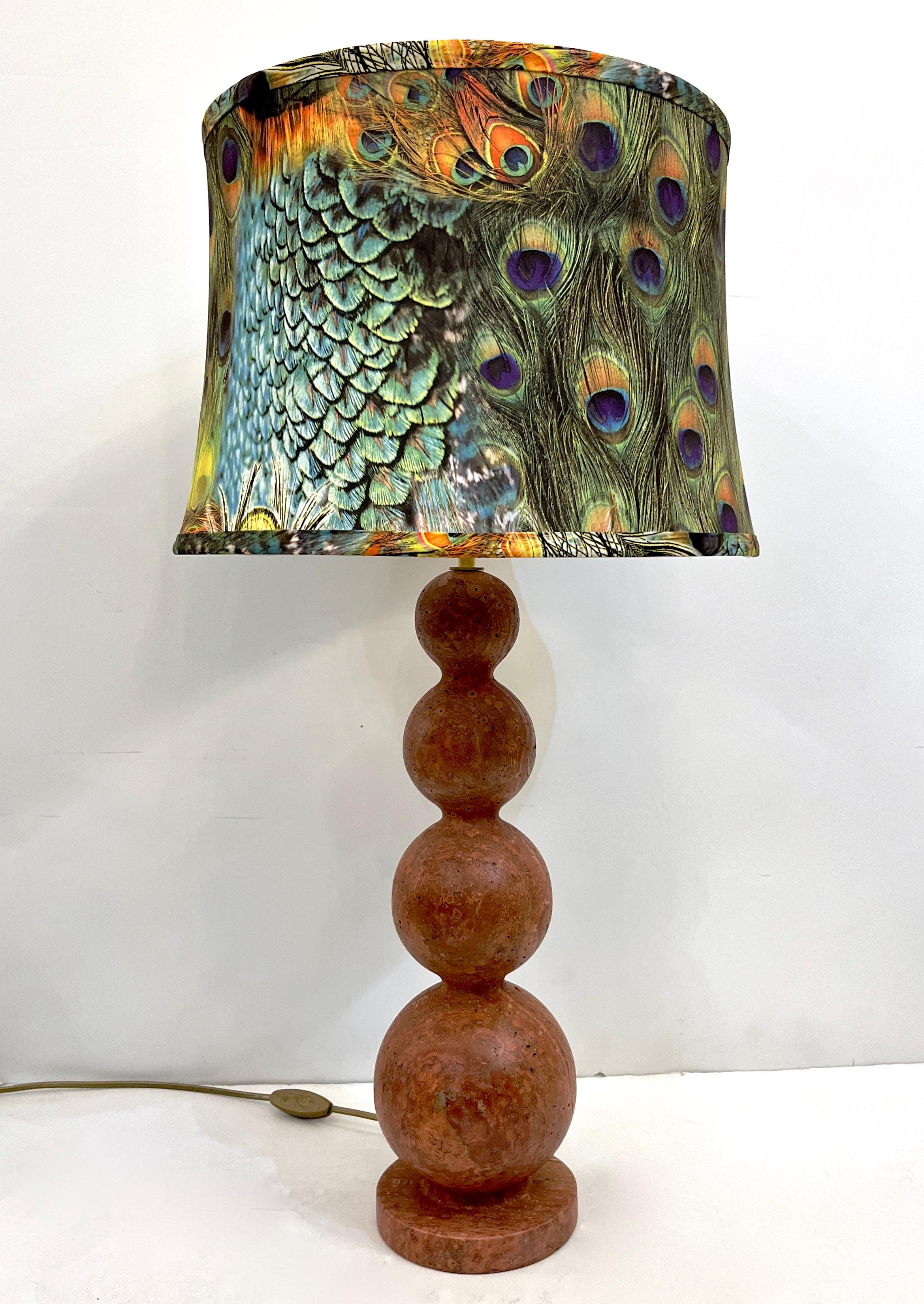 Italian Art Deco Style Pair of Red Travertine Sphere Table Lamps Peacock Shades For Sale 10