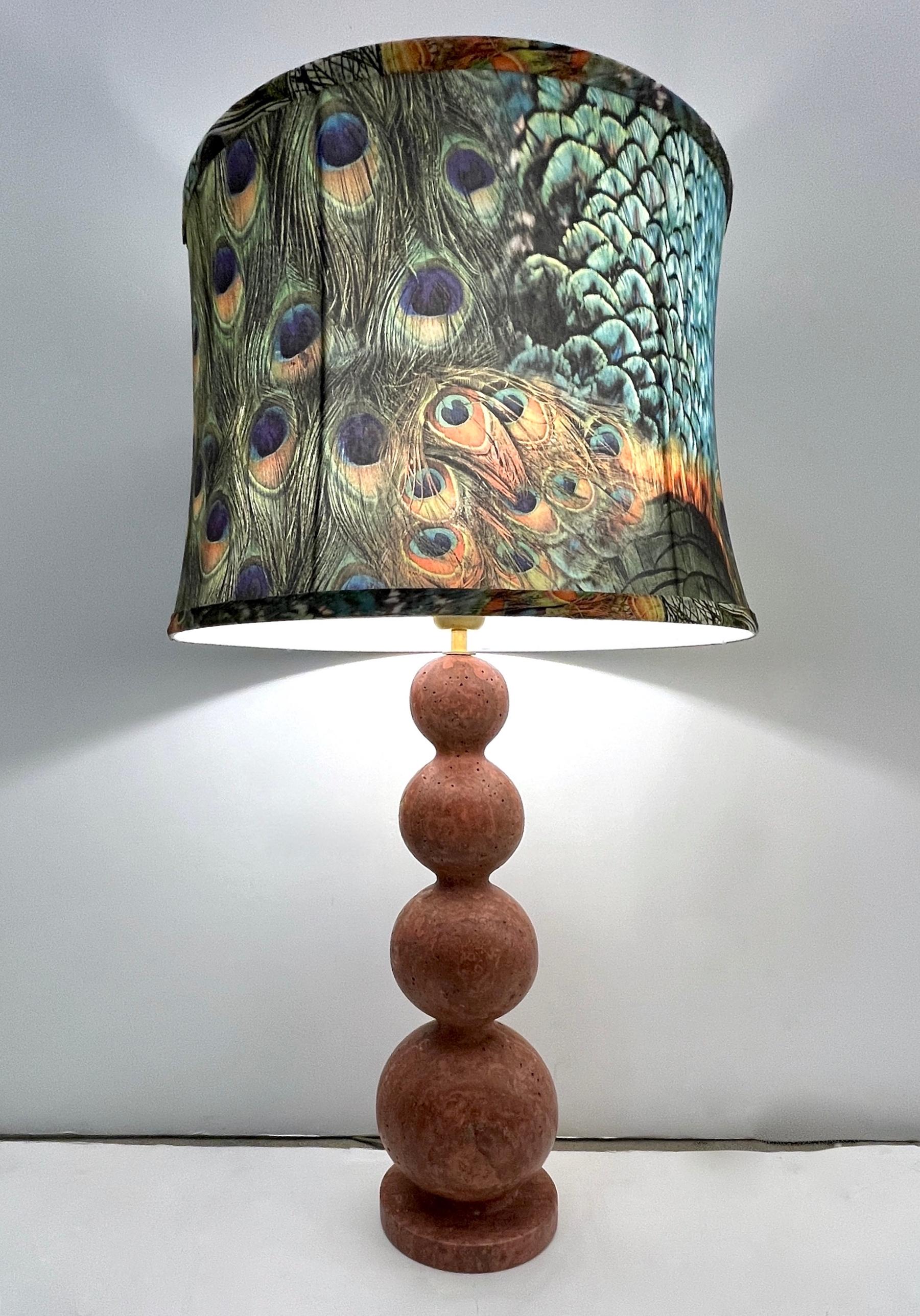 Hand-Carved Italian Art Deco Style Pair of Red Travertine Sphere Table Lamps Peacock Shades For Sale
