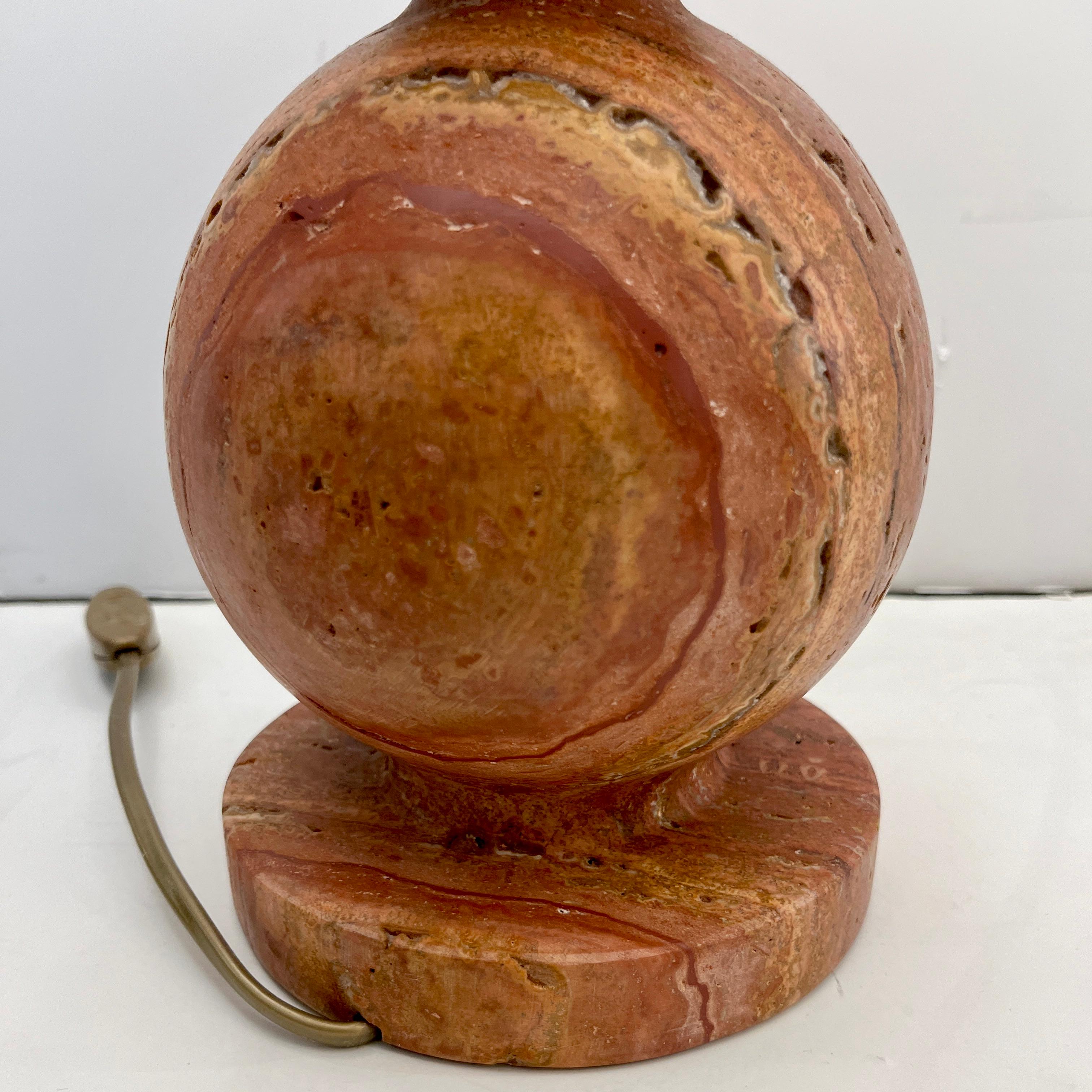 Contemporary Italian Art Deco Style Pair of Red Travertine Sphere Table Lamps Peacock Shades For Sale