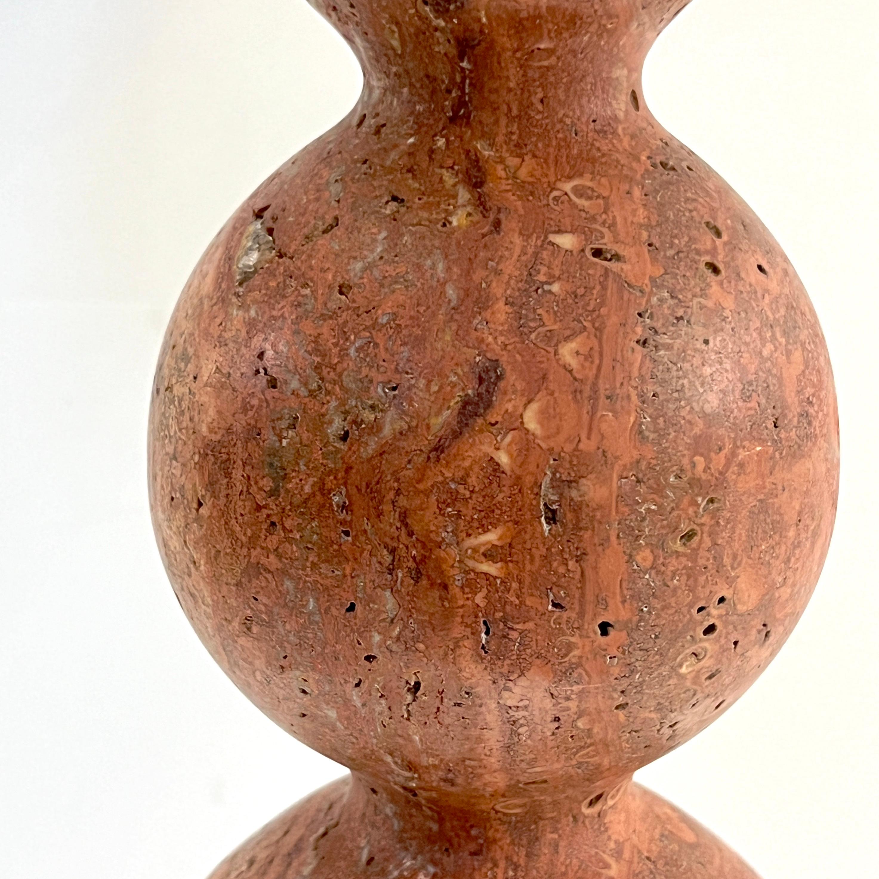 Fabric Italian Art Deco Style Pair of Red Travertine Sphere Table Lamps Peacock Shades For Sale
