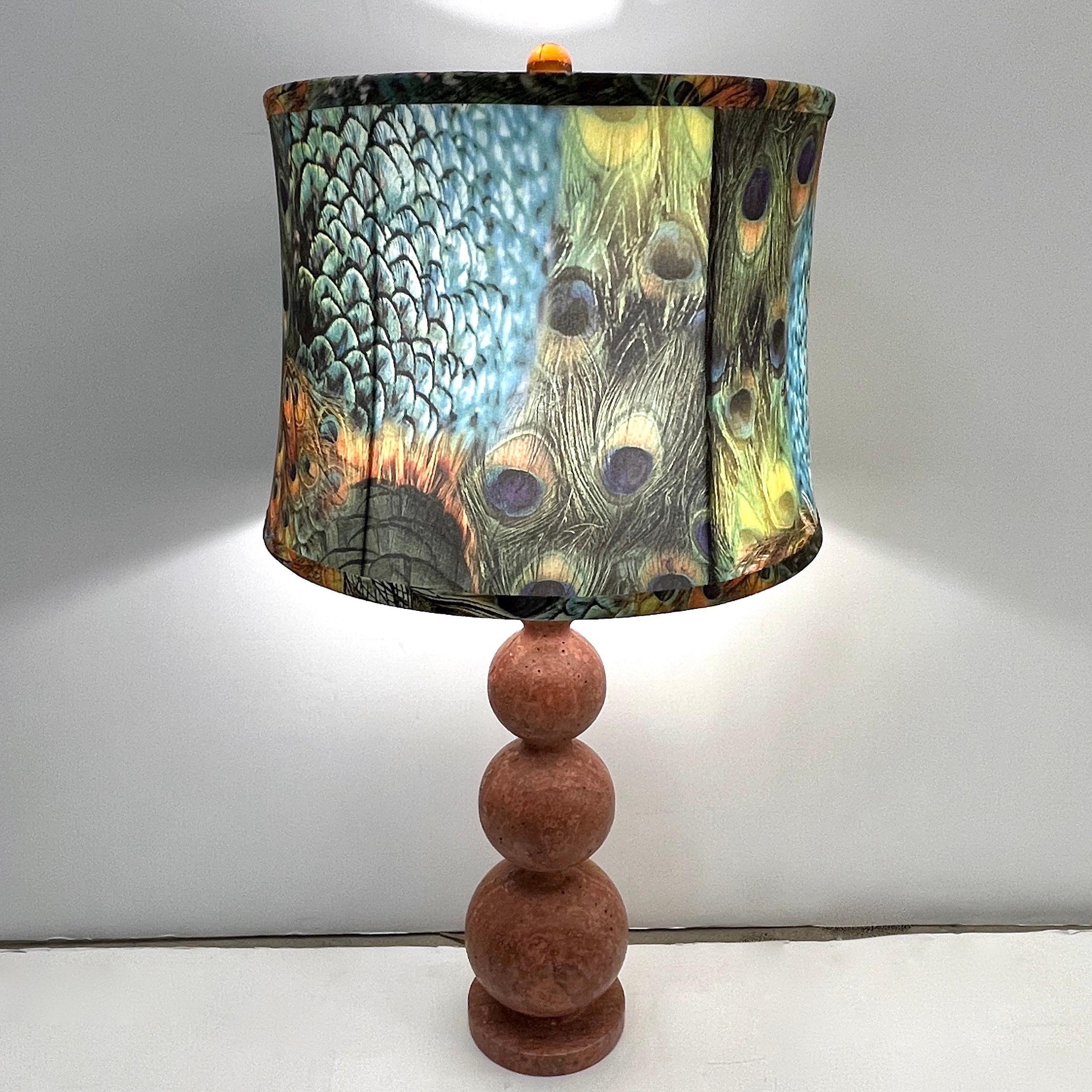 Italian Art Deco Style Pair of Red Travertine Sphere Table Lamps Peacock Shades For Sale 1