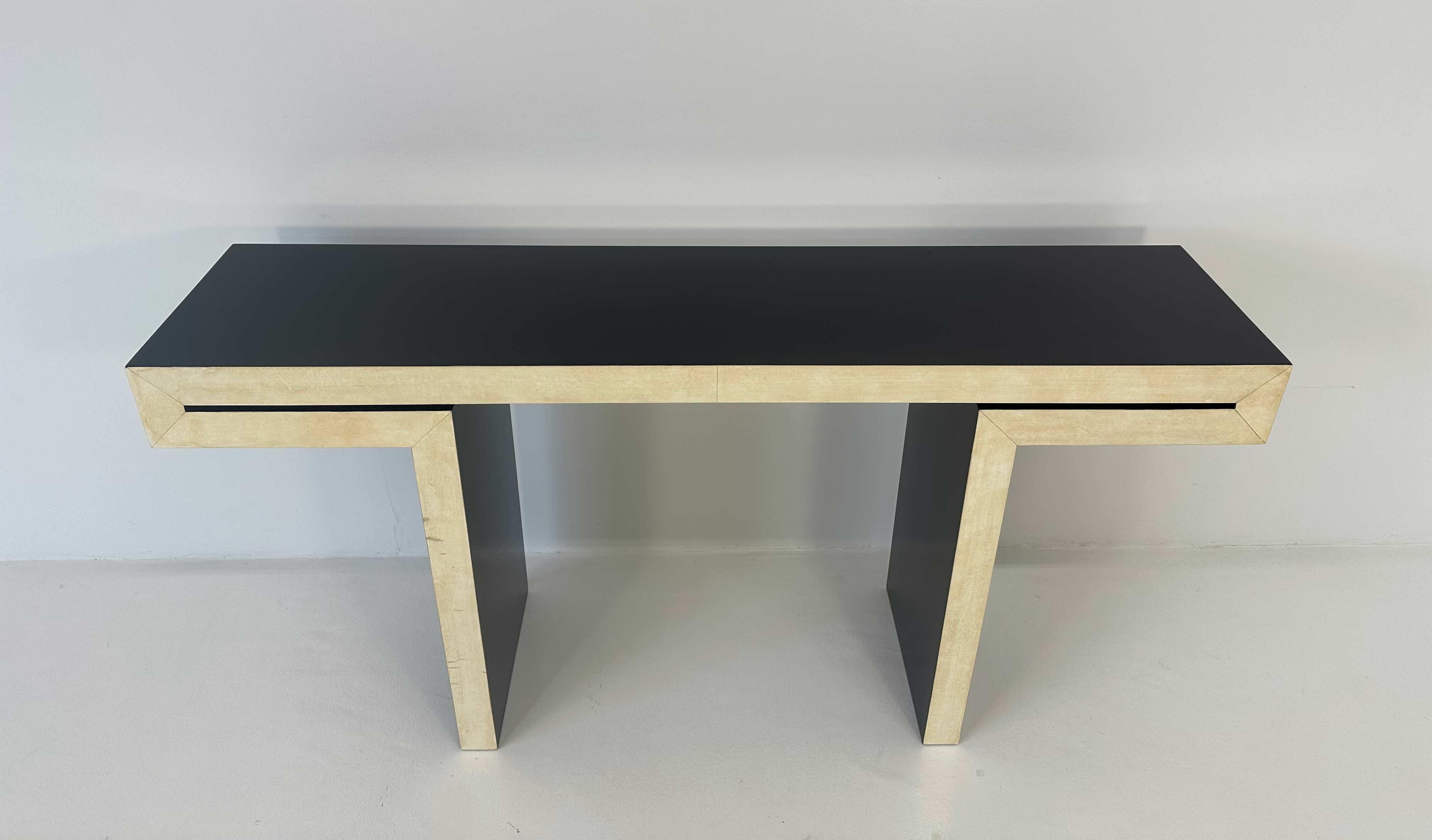 Late 20th Century Italian Art Deco Style Parchment and Black Lacquer Console 