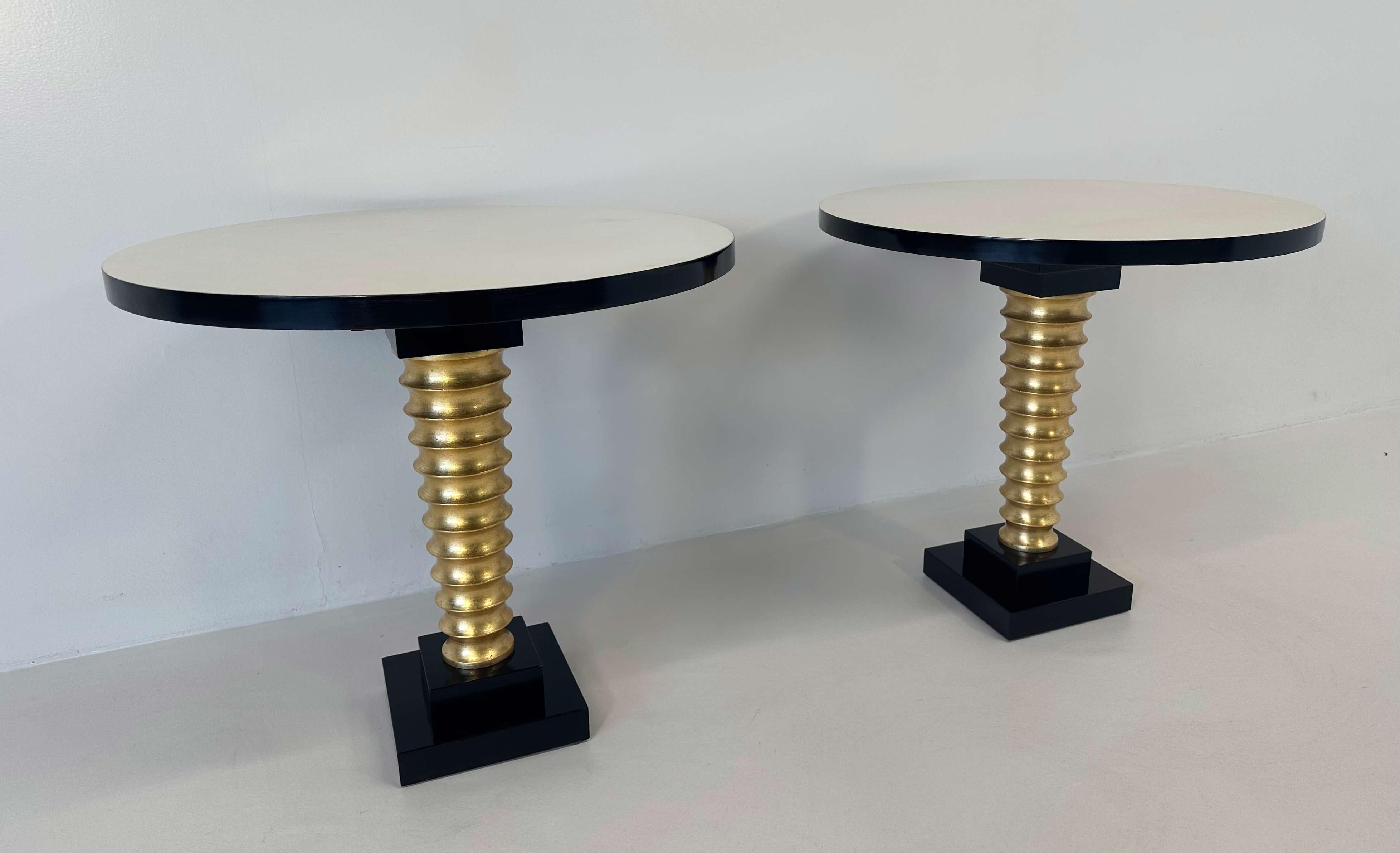 Turned Italian Art Deco Style Parchment, Gold Leaf and Black Lacquer Coffee Tables  For Sale
