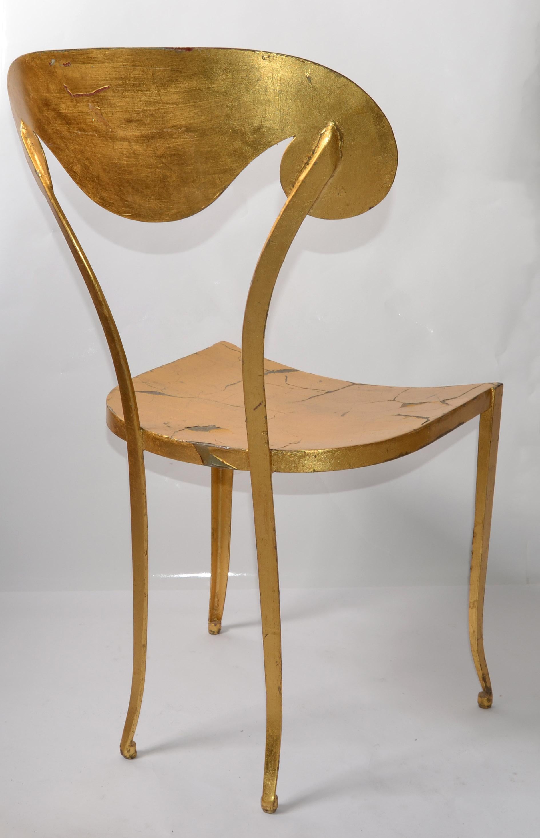 Italian Art Deco Style Sculptural Gilt Steel Vanity Desk Side Chair Distressed For Sale 7
