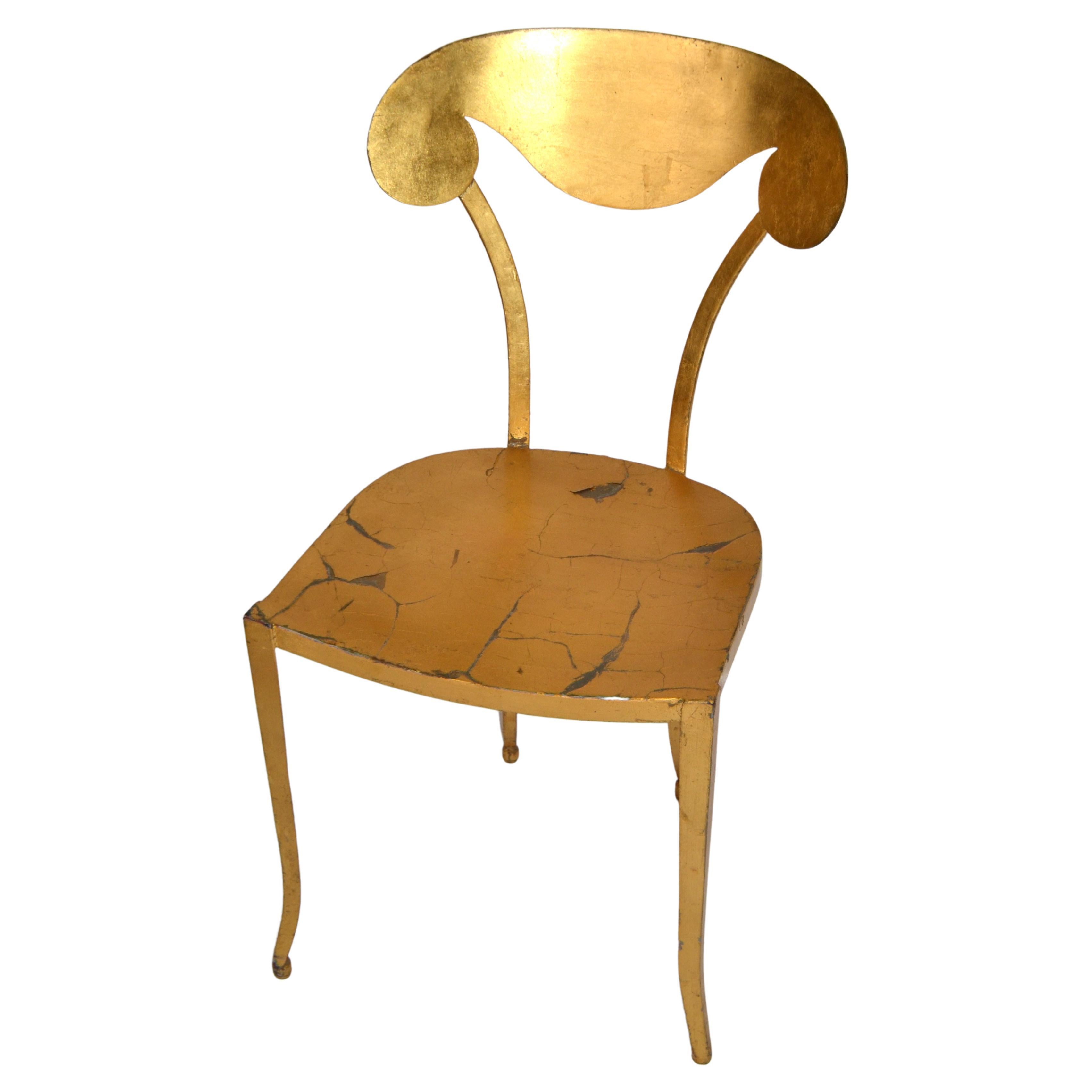 Hand-Painted Italian Art Deco Style Sculptural Gilt Steel Vanity Desk Side Chair Distressed For Sale