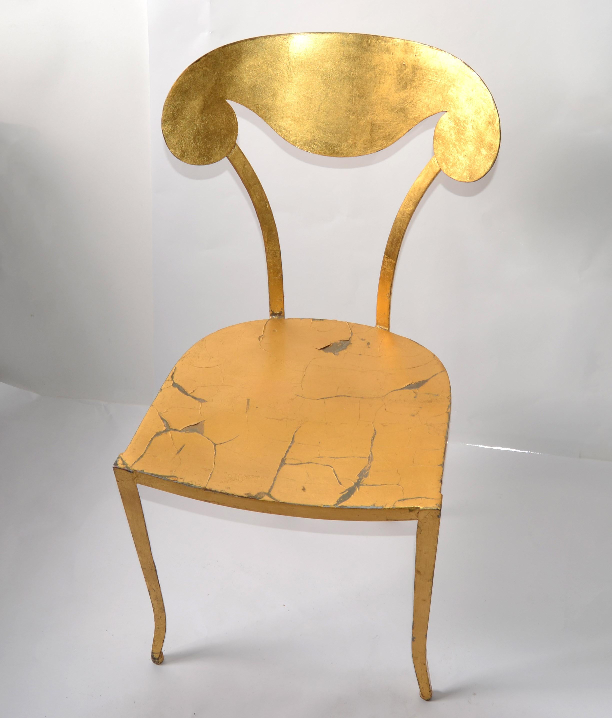 20th Century Italian Art Deco Style Sculptural Gilt Steel Vanity Desk Side Chair Distressed For Sale