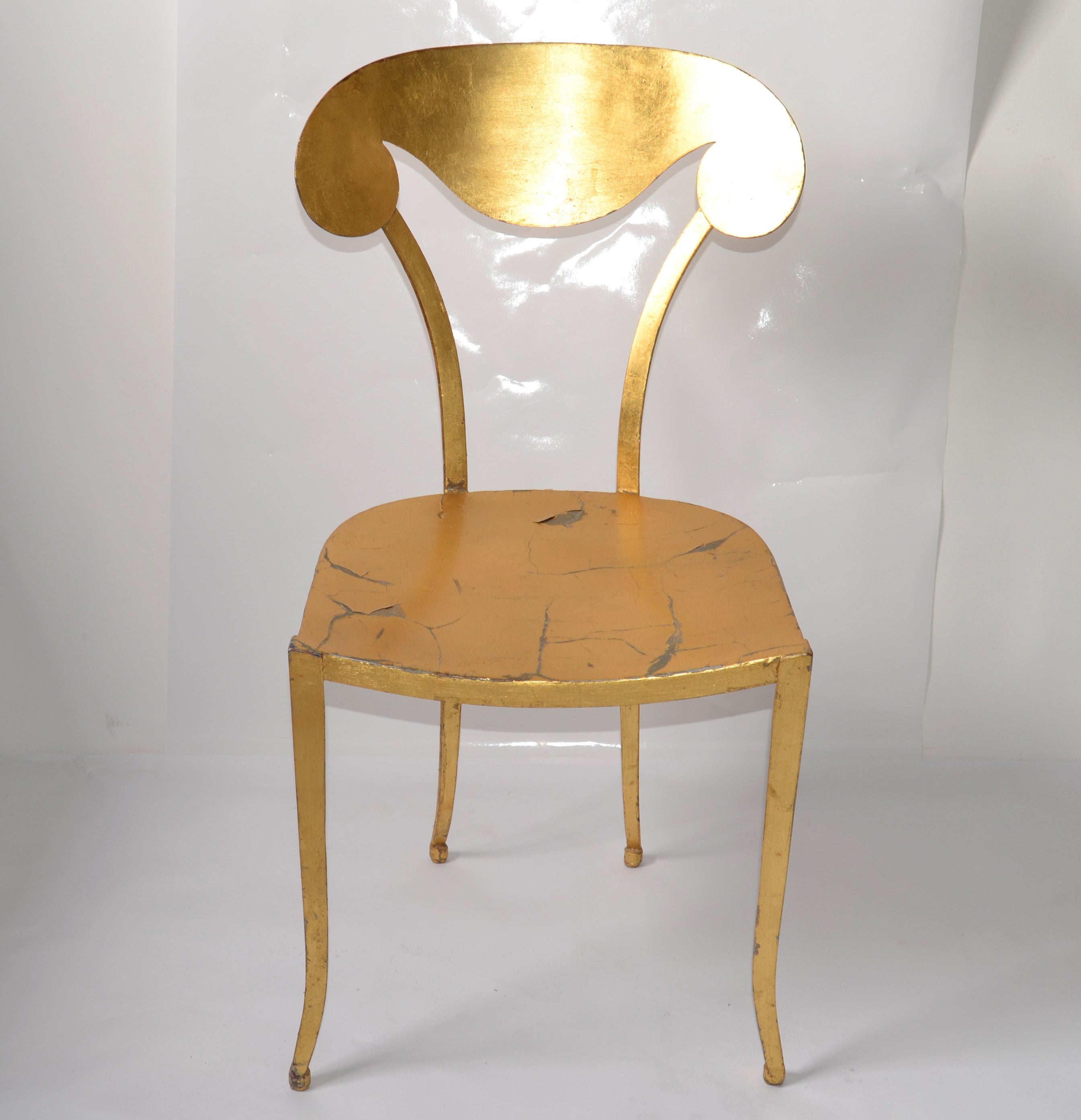 Italian Art Deco Style Sculptural Gilt Steel Vanity Desk Side Chair Distressed For Sale 2