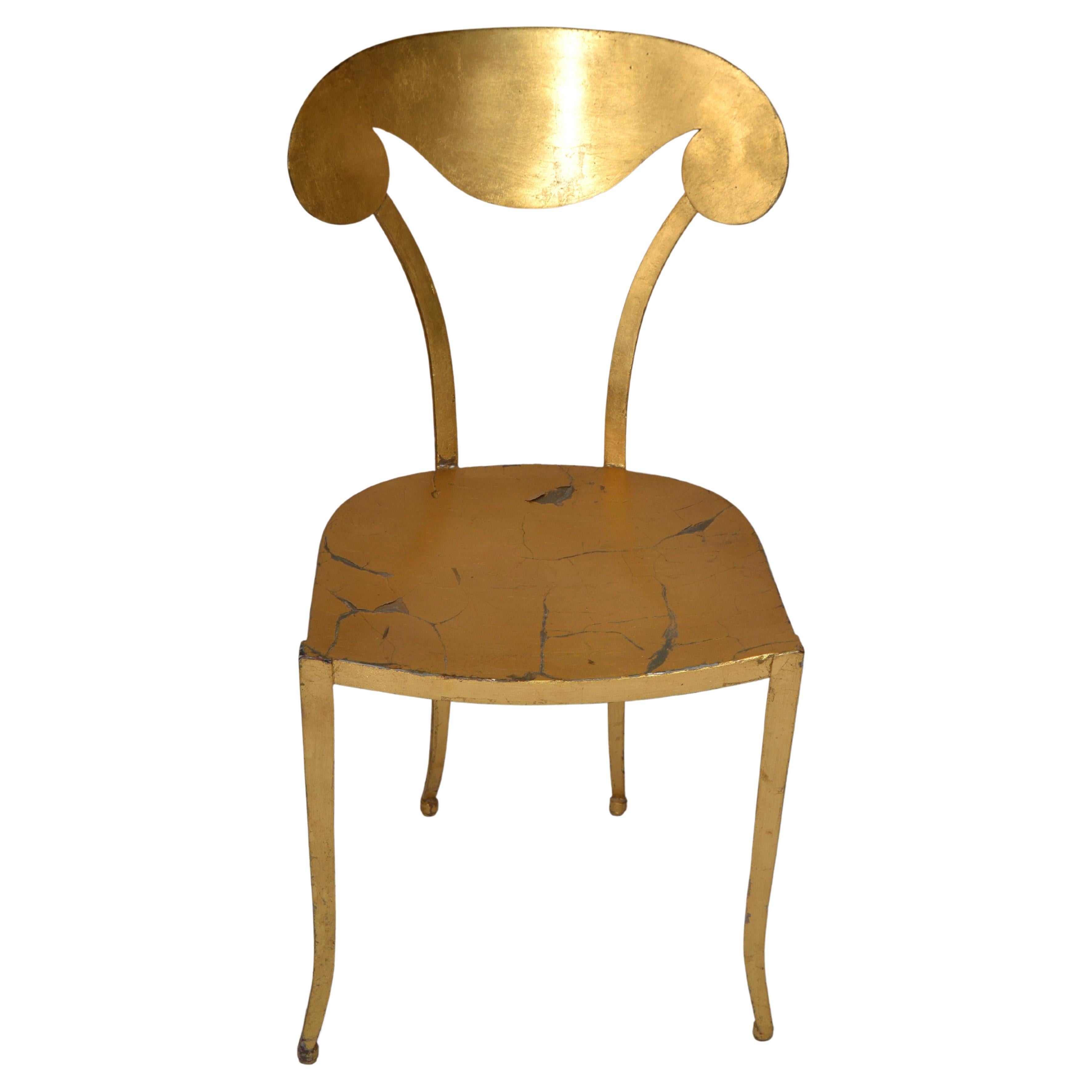 Italian Art Deco Style Sculptural Gilt Steel Vanity Desk Side Chair Distressed For Sale