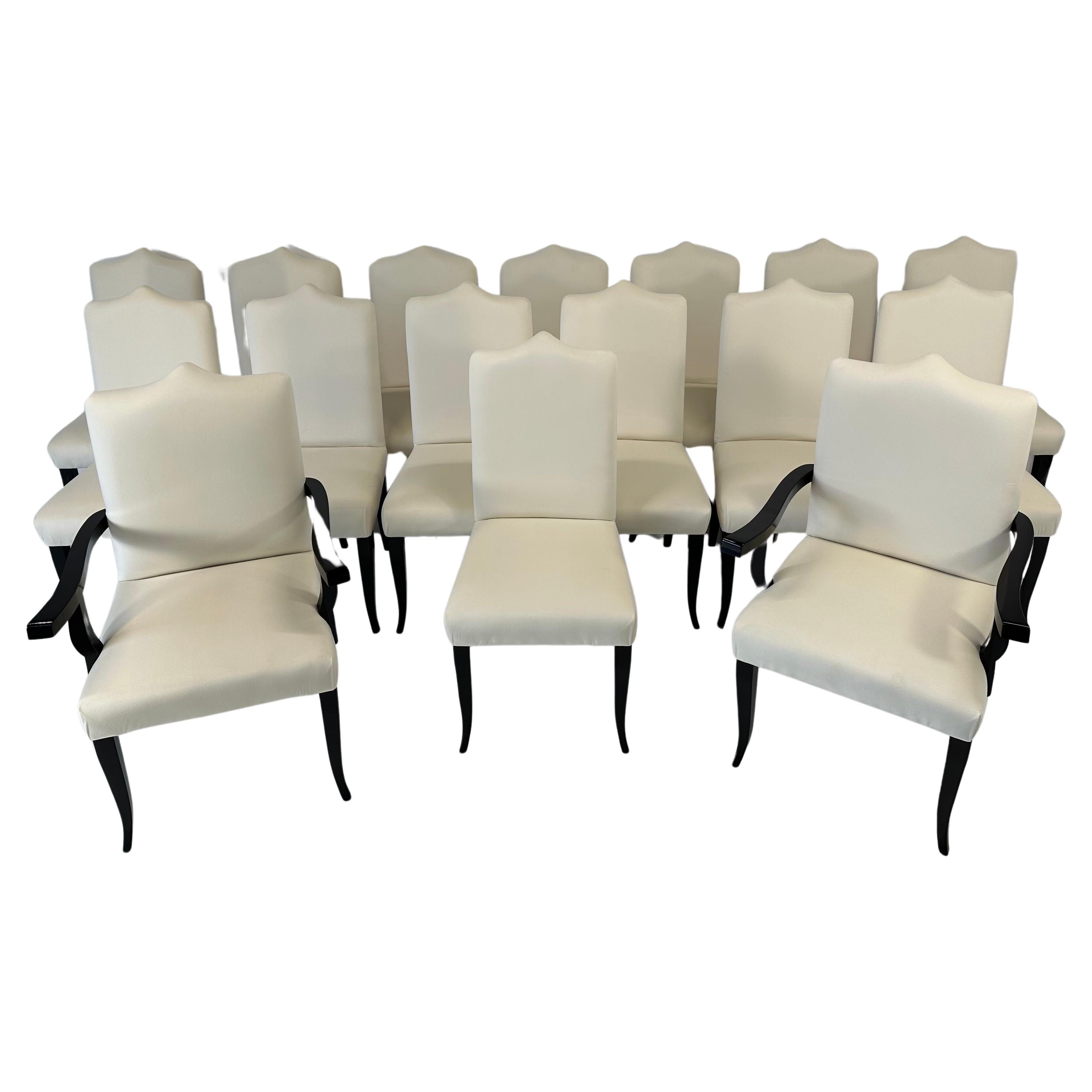 Italian Art Deco Style Set of 16 Cream Velvet and Black Lacquered Chairs For Sale