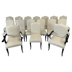 Retro Italian Art Deco Style Set of 16 Cream Velvet and Black Lacquered Chairs