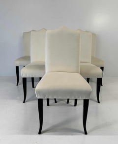 Italian Art Deco Style Set of 6 Cream Velvet and Black Lacquered Chairs