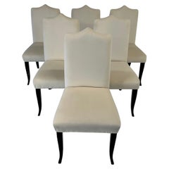 Antique Italian Art Deco Style Set of 6 Cream Velvet and Black Lacquered Chairs